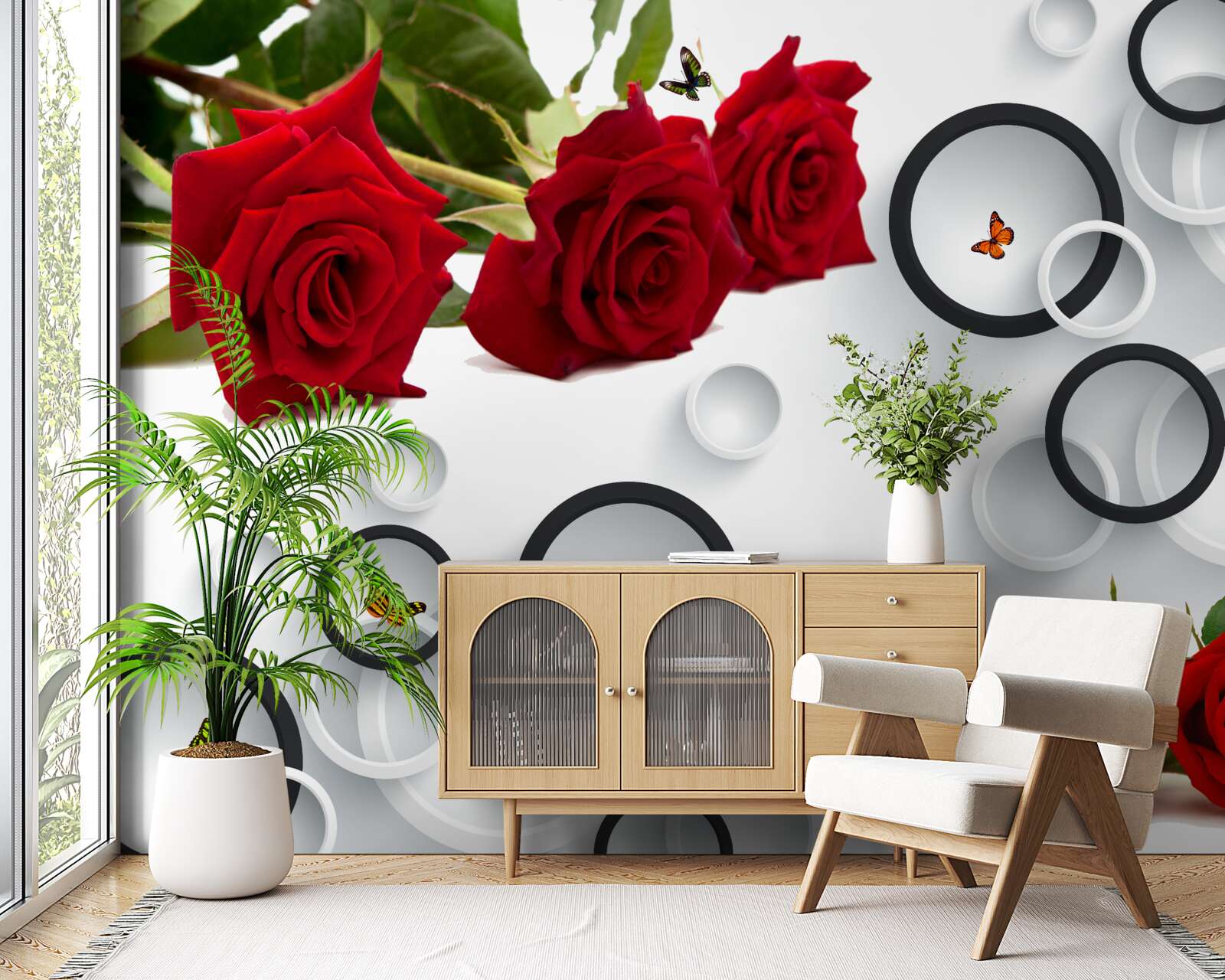 Papier peint cercles et roses en rouge