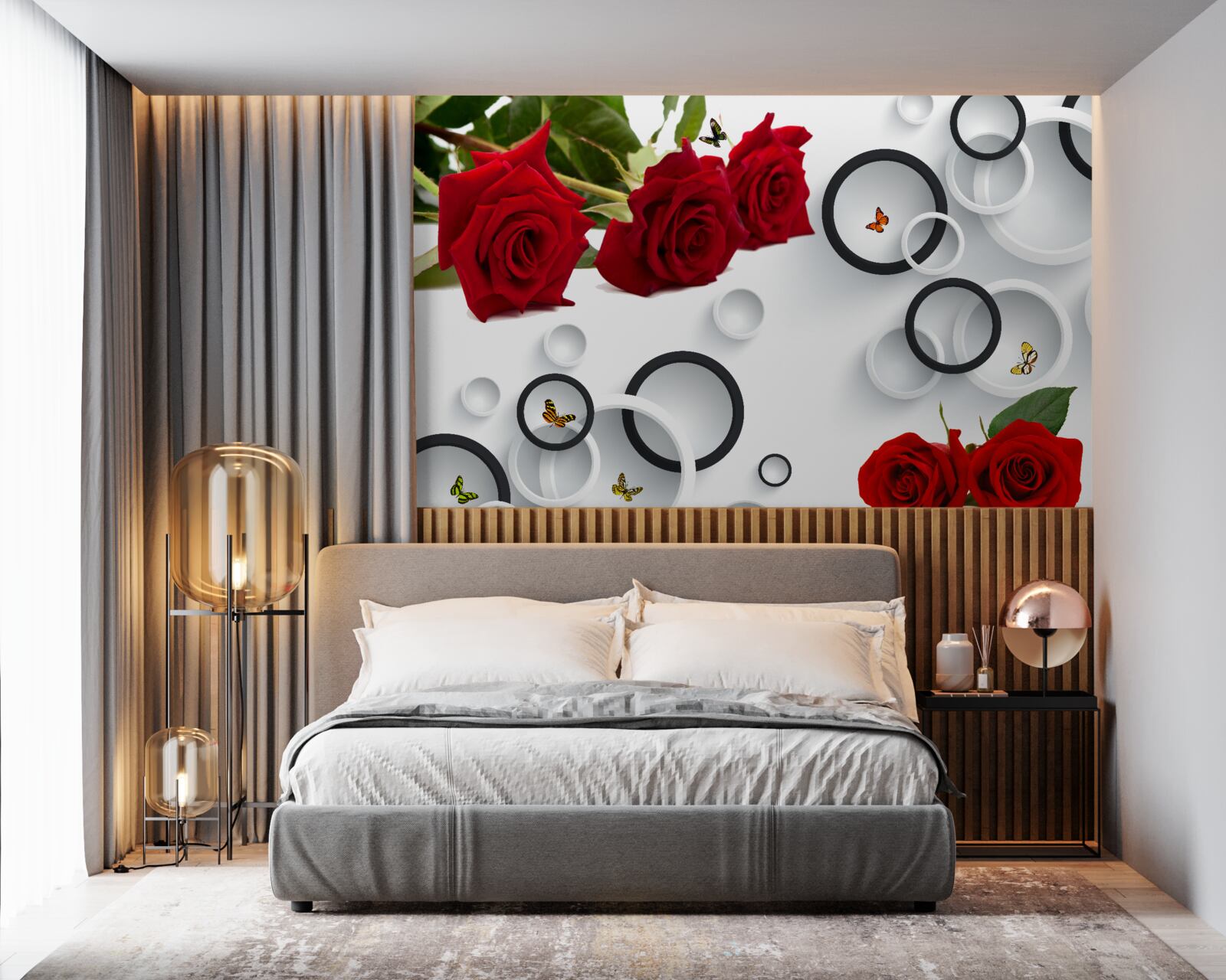 Papier peint cercles et roses en rouge