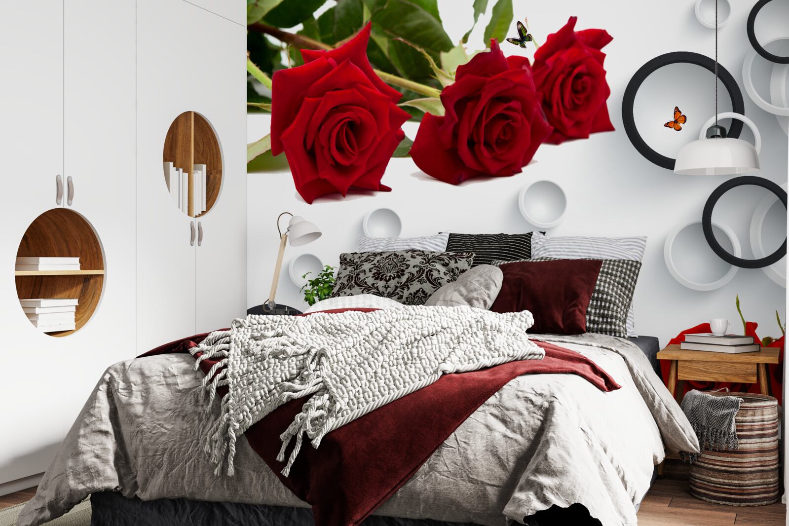 Papier peint cercles et roses en rouge