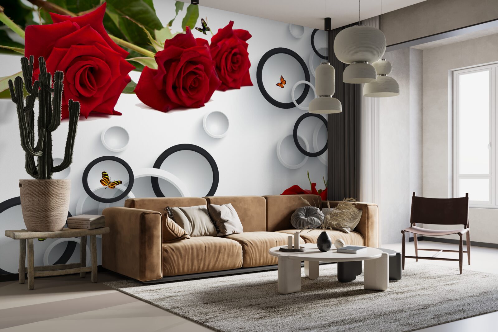 Papier peint cercles et roses en rouge