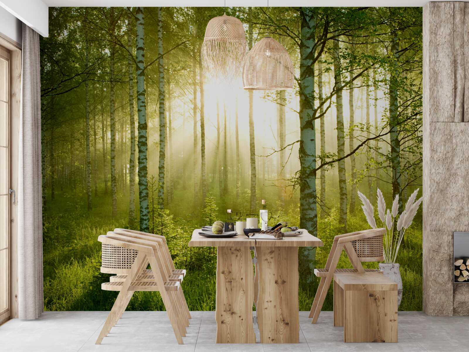 Papier peint Aube dans la forêt de bouleaux