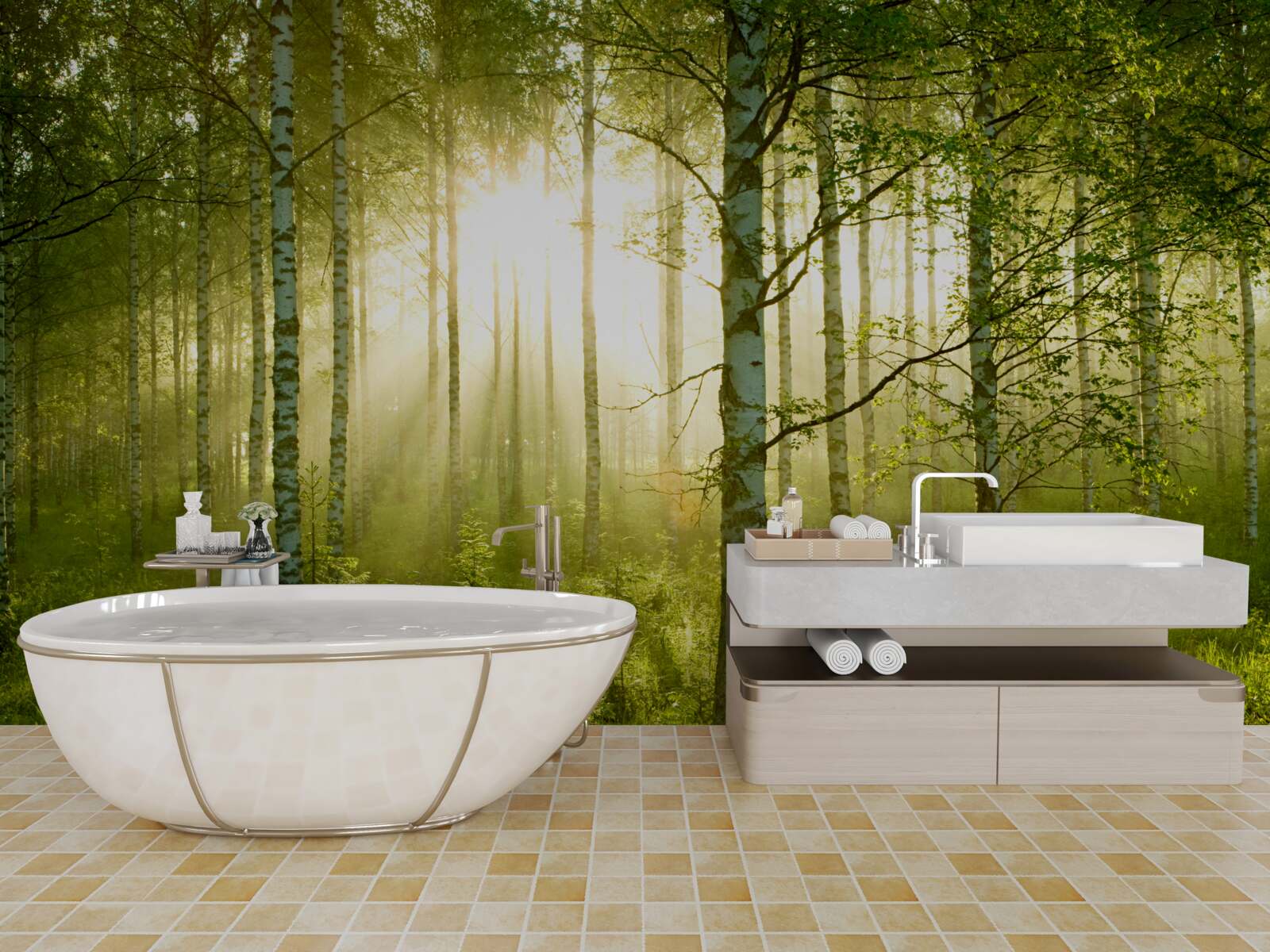 Papier peint Aube dans la forêt de bouleaux