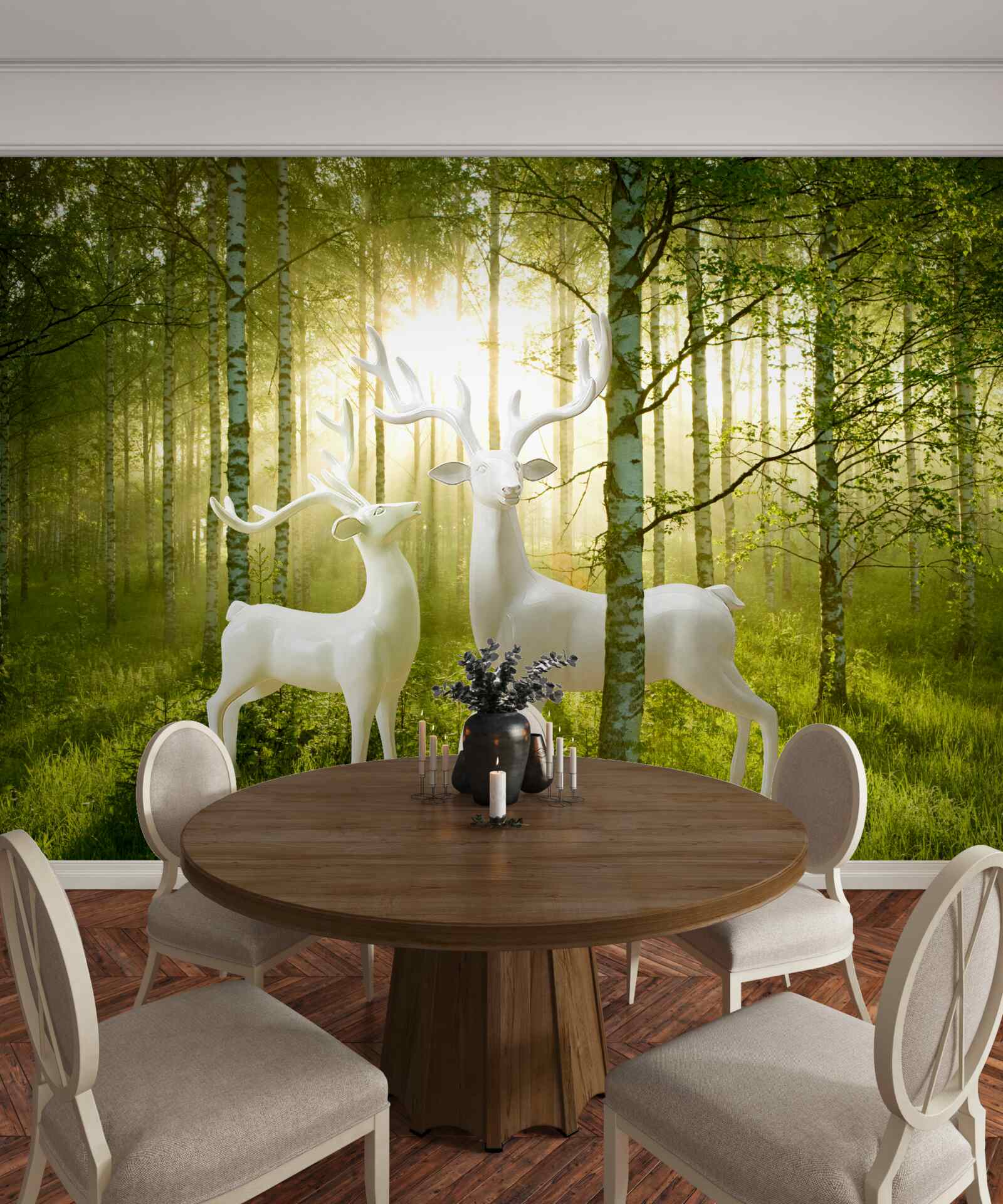 Papier peint cerf blanc dans une forêt verdoyante