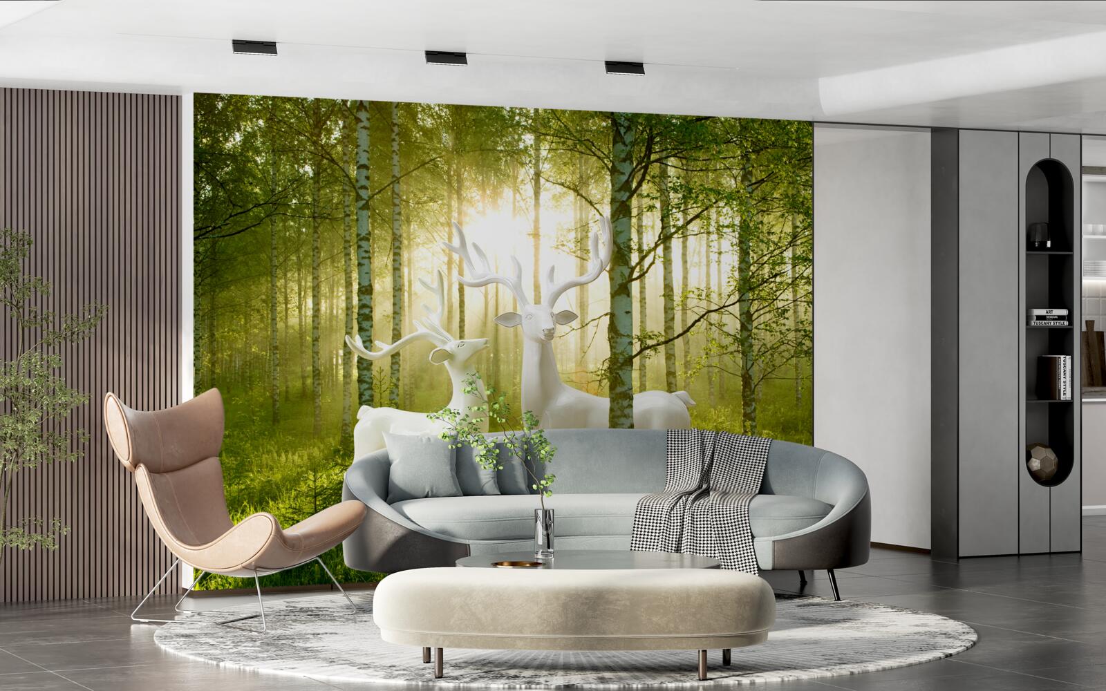 Papier peint cerf blanc dans une forêt verdoyante
