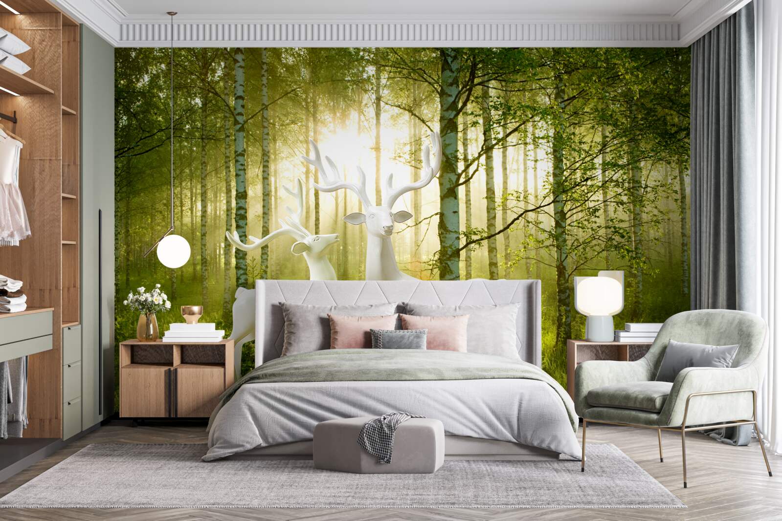 Papier peint cerf blanc dans une forêt verdoyante