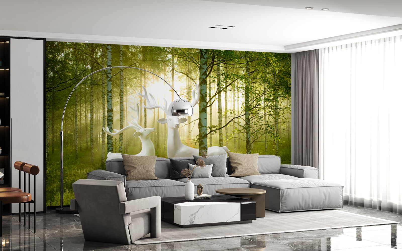 Papier peint cerf blanc dans une forêt verdoyante