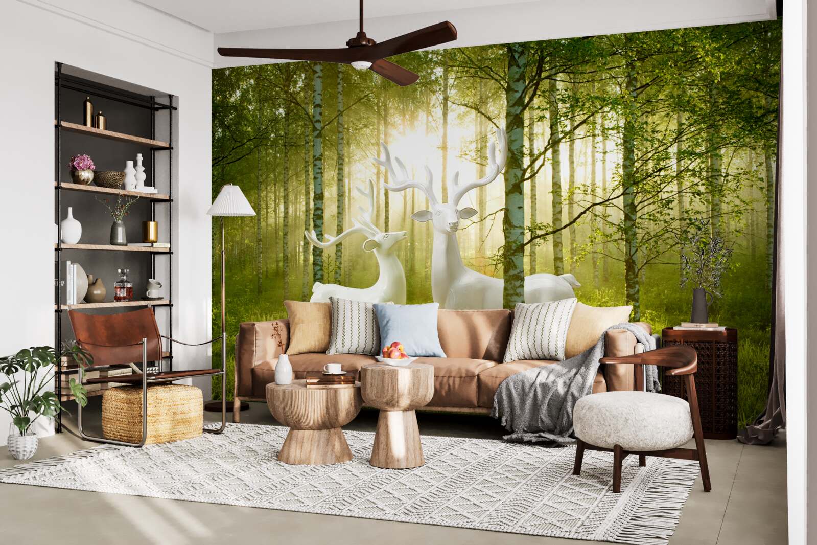 Papier peint cerf blanc dans une forêt verdoyante