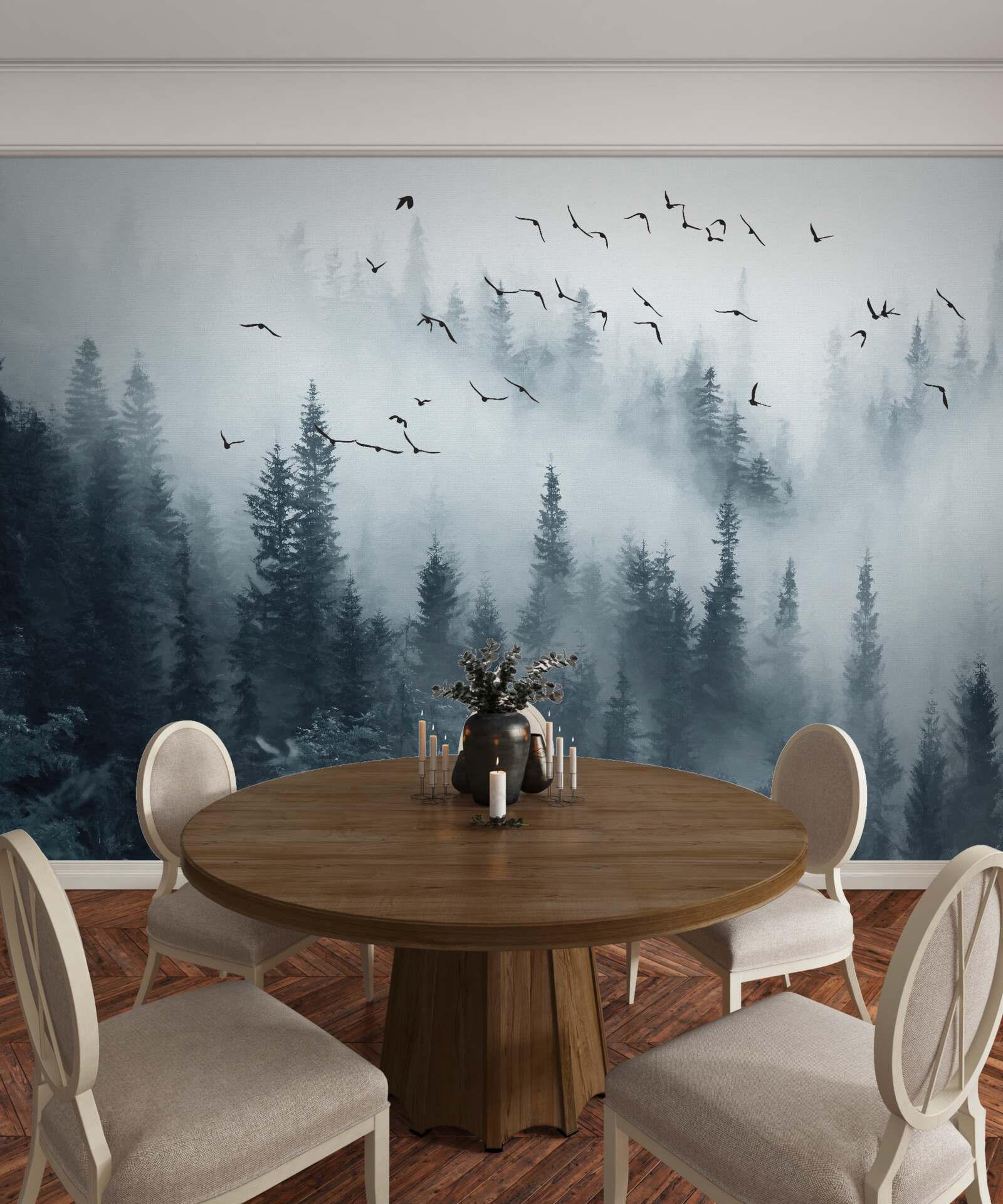 Papier peint forêt entourée de brume reste sous les oiseaux volants