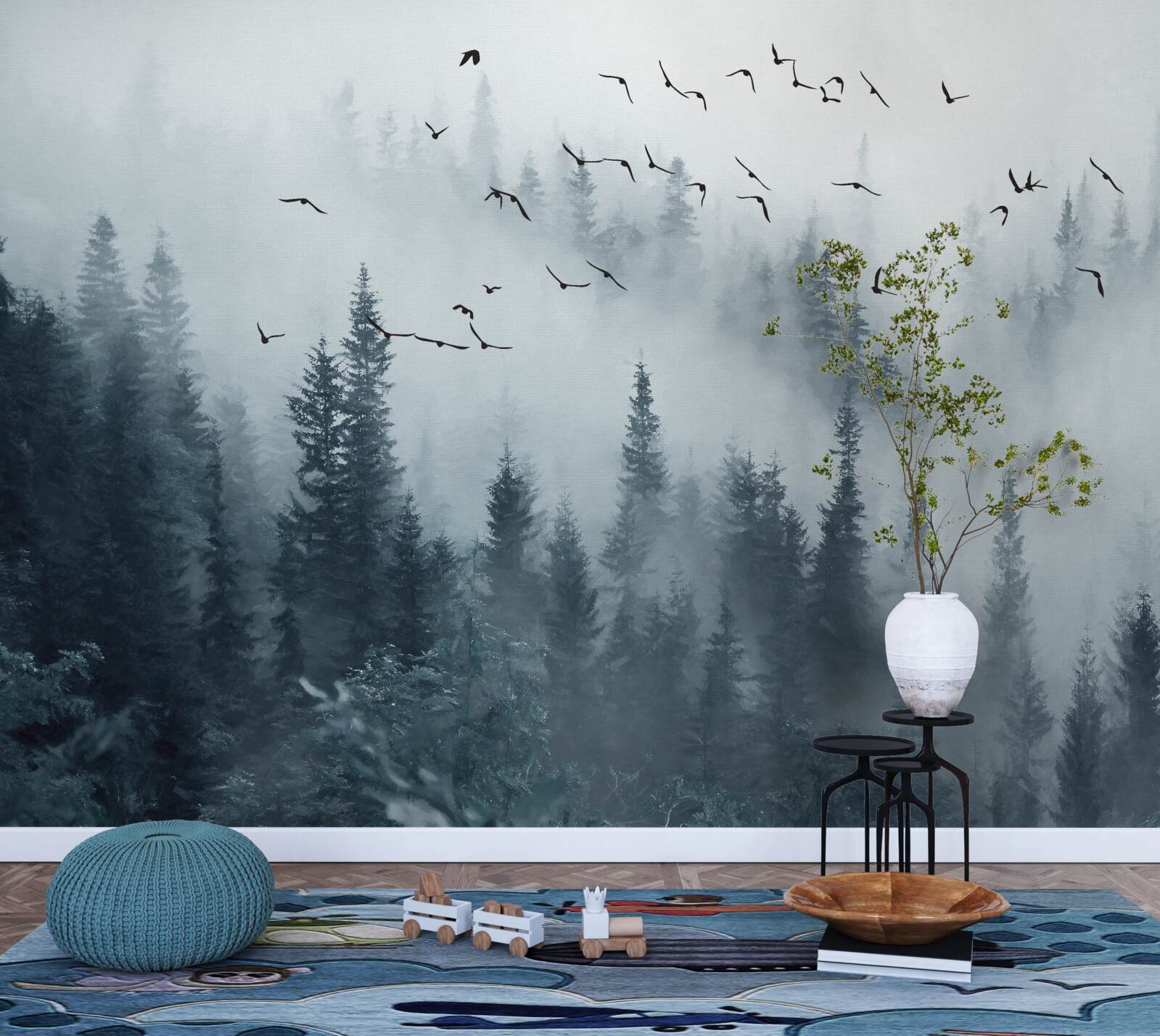 Papier peint forêt entourée de brume reste sous les oiseaux volants