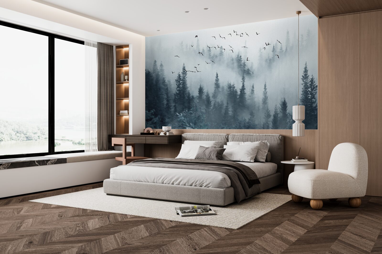 Papier peint forêt entourée de brume reste sous les oiseaux volants