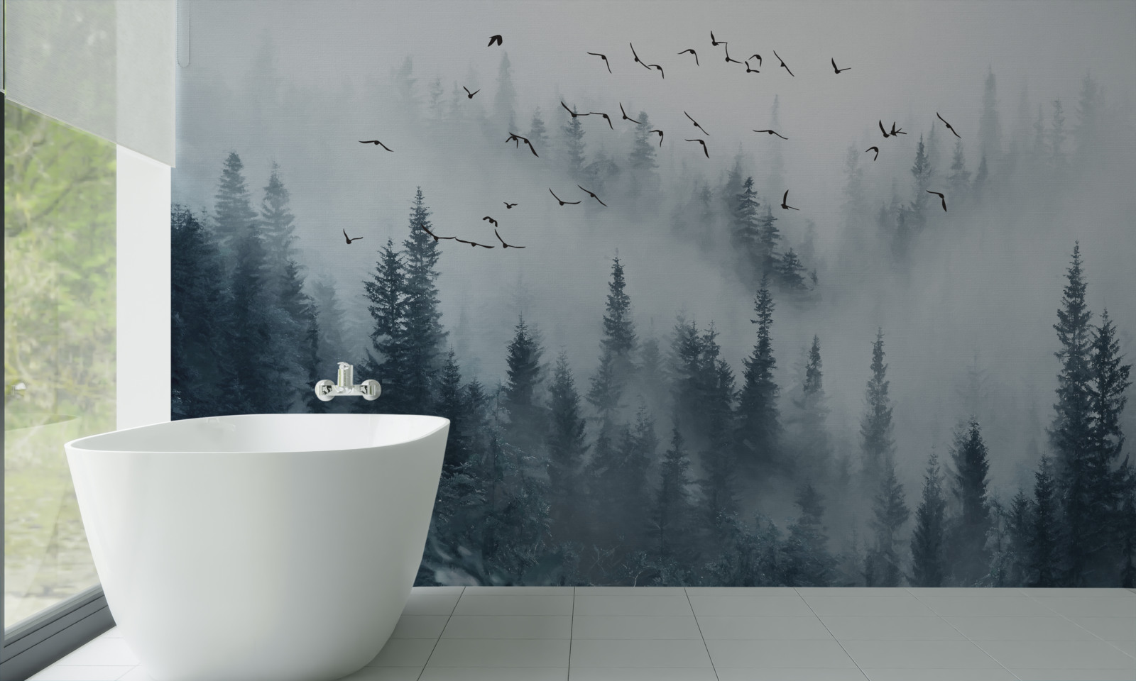 Papier peint forêt entourée de brume reste sous les oiseaux volants