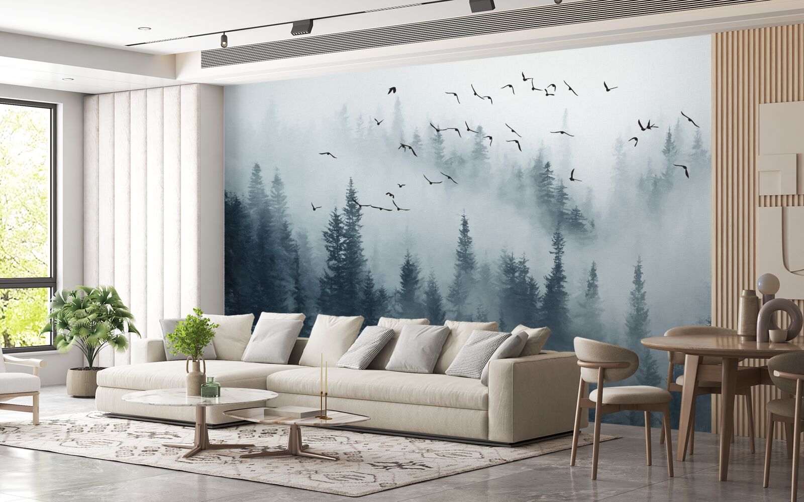 Papier peint forêt entourée de brume reste sous les oiseaux volants