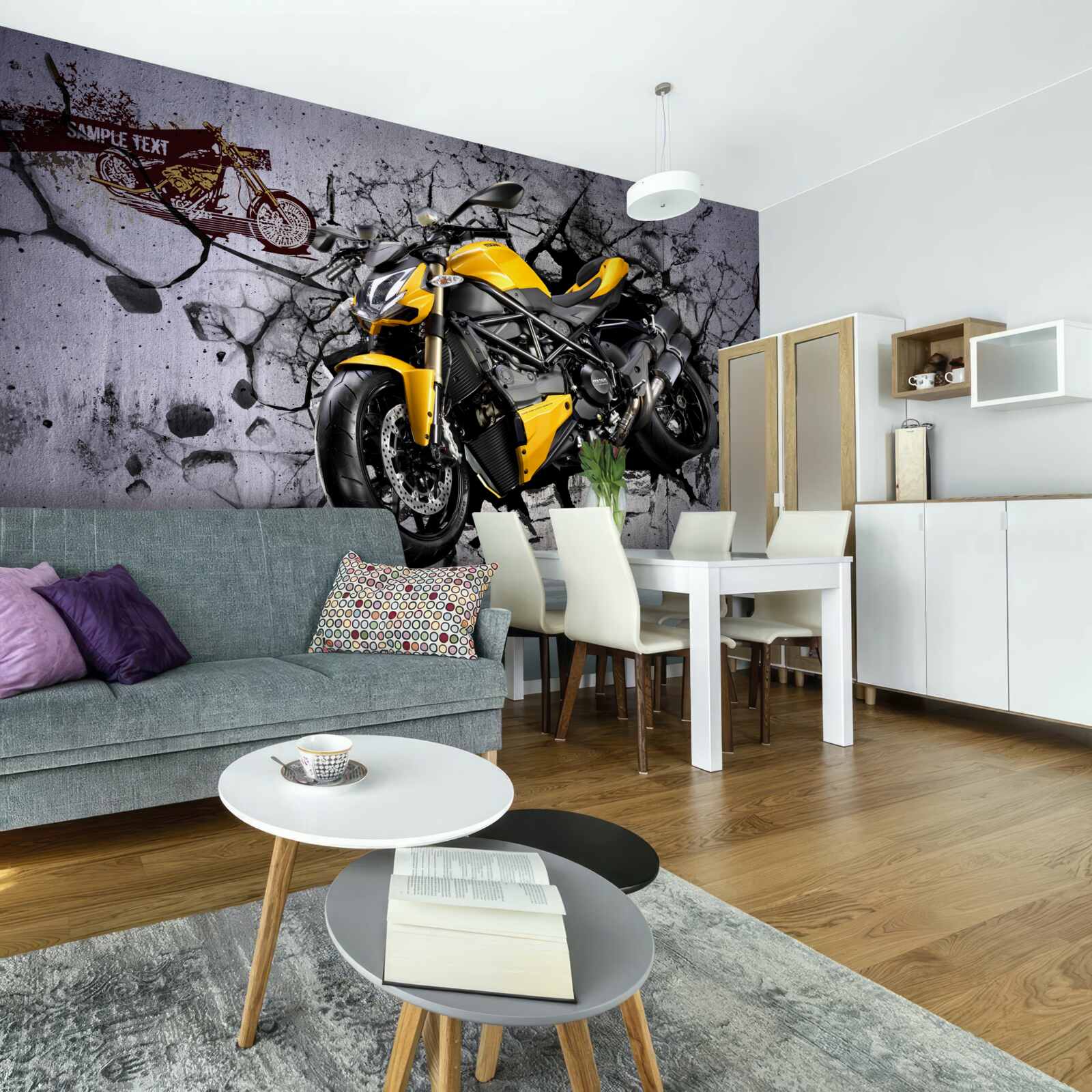 Papier peint Moto jaune sur fond de graffiti