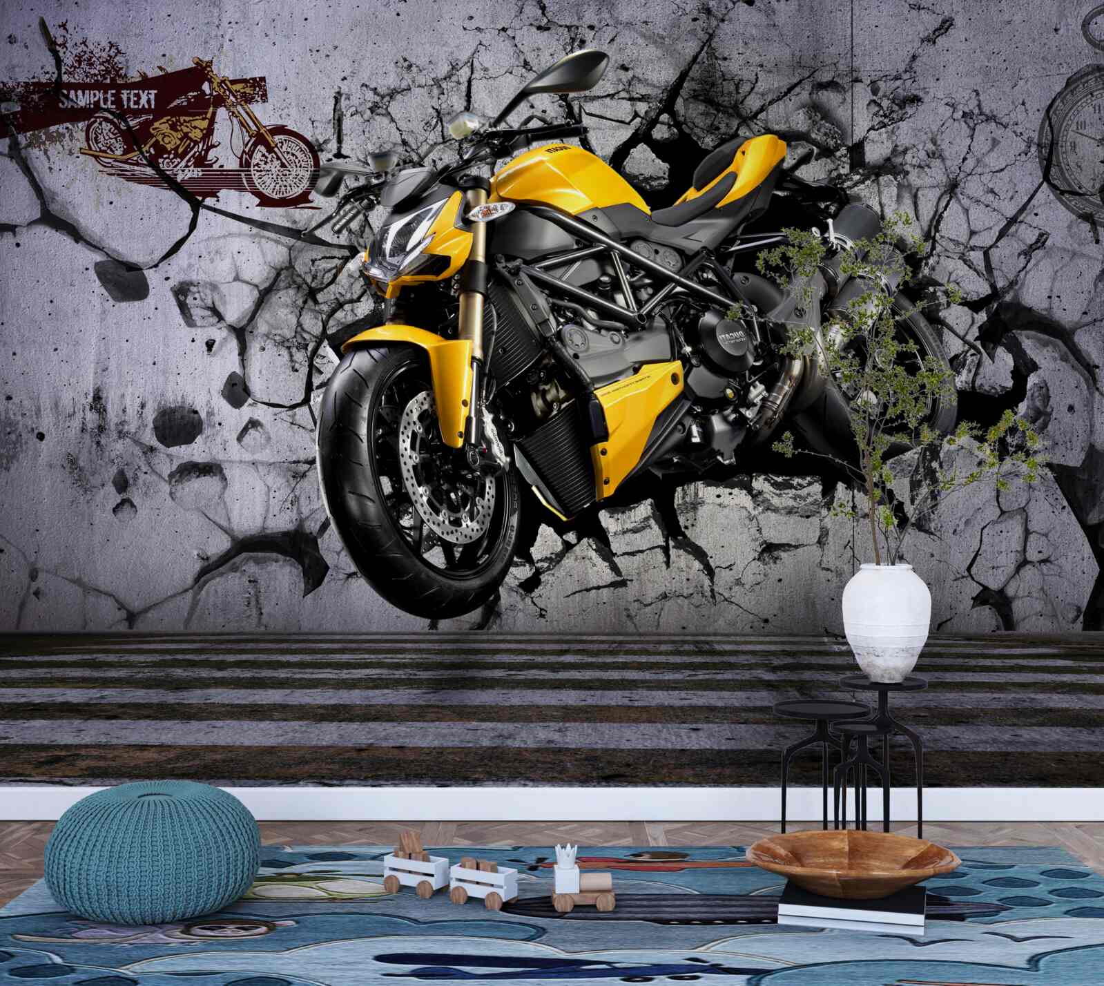 Papier peint Moto jaune sur fond de graffiti