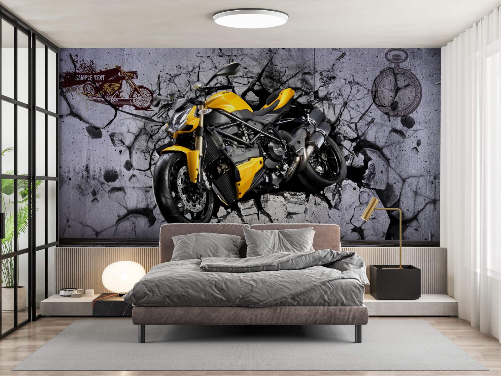 Papier peint Moto jaune sur fond de graffiti