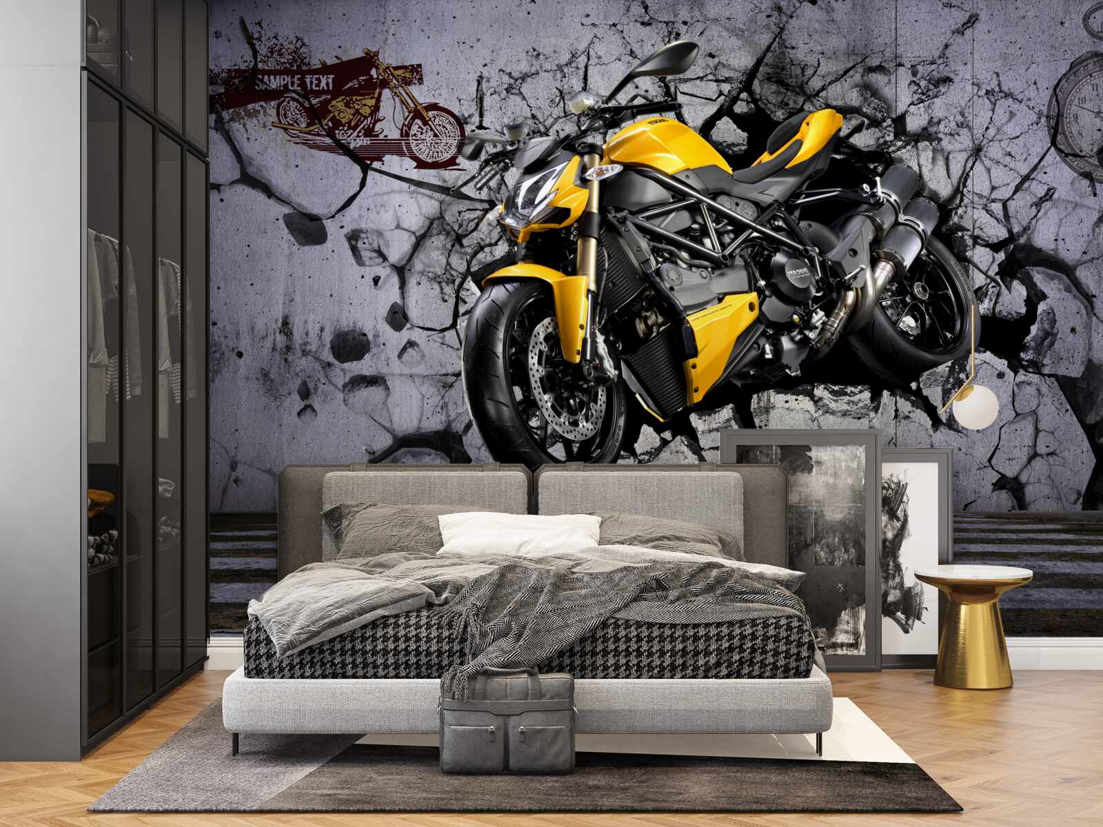 Papier peint Moto jaune sur fond de graffiti