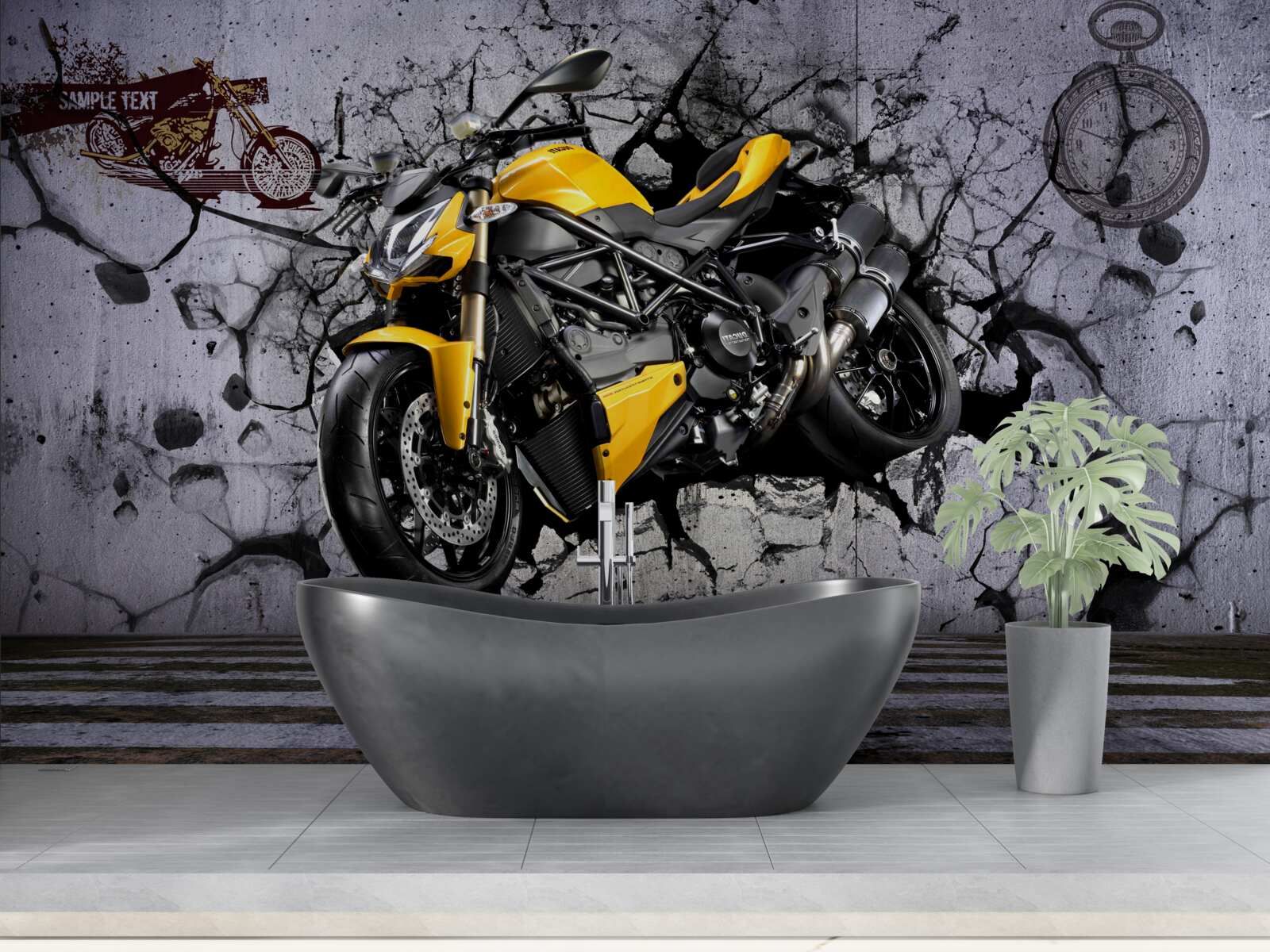 Papier peint Moto jaune sur fond de graffiti