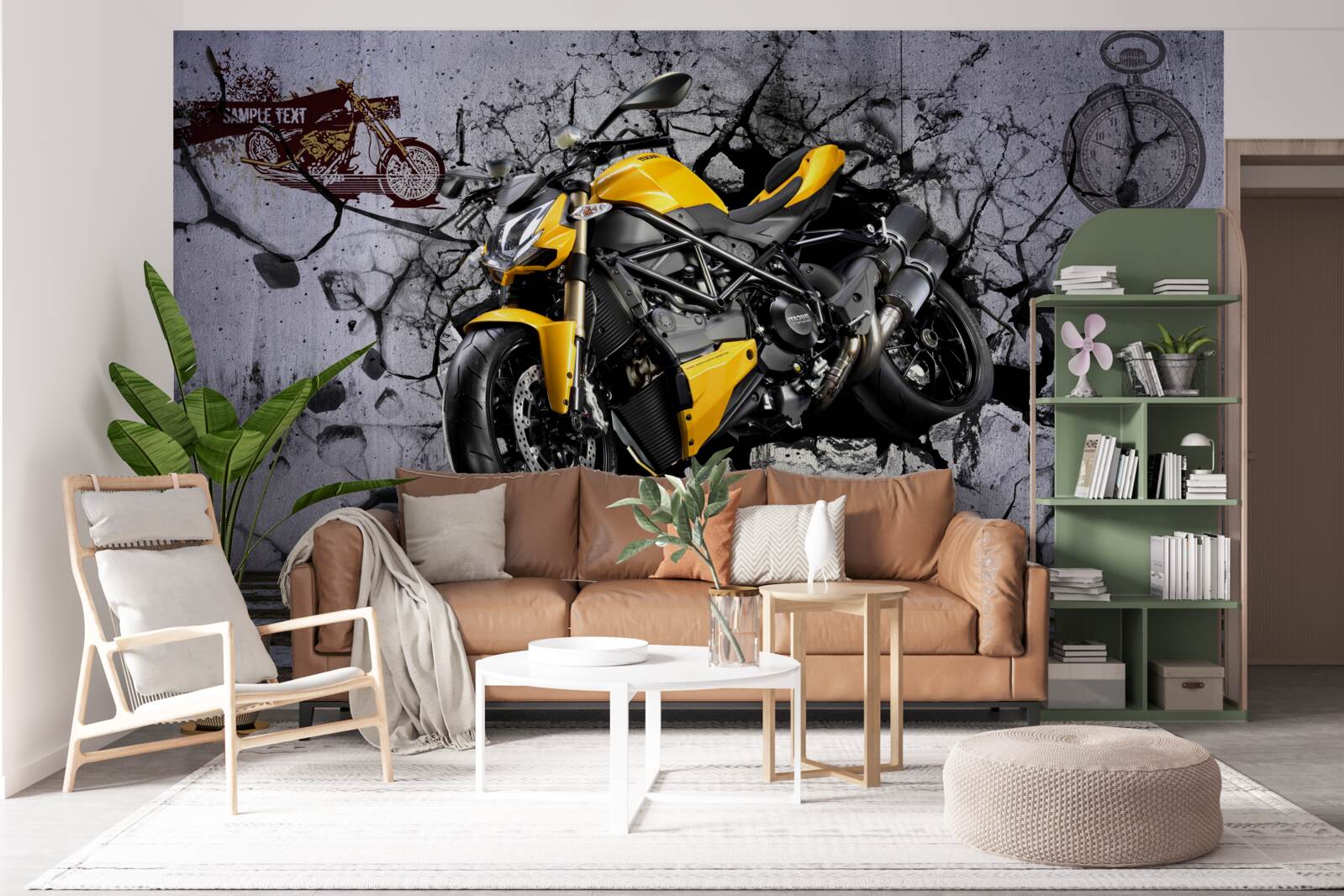 Papier peint Moto jaune sur fond de graffiti