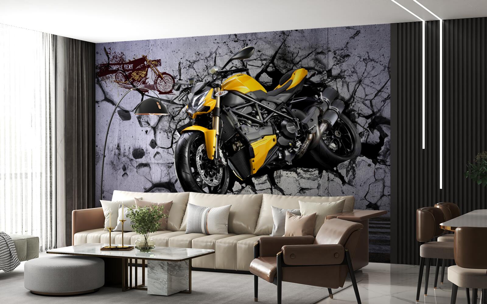 Papier peint Moto jaune sur fond de graffiti