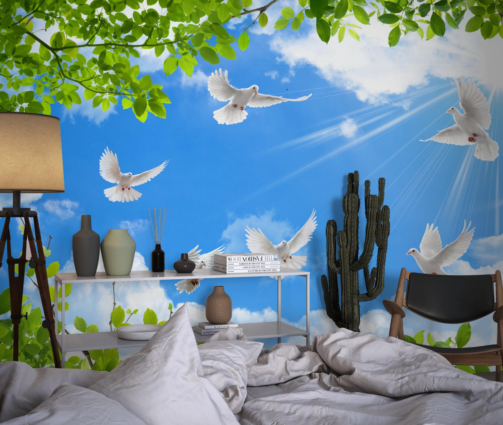 Papier peint des pigeons au cadre vert planent dans le ciel bleu