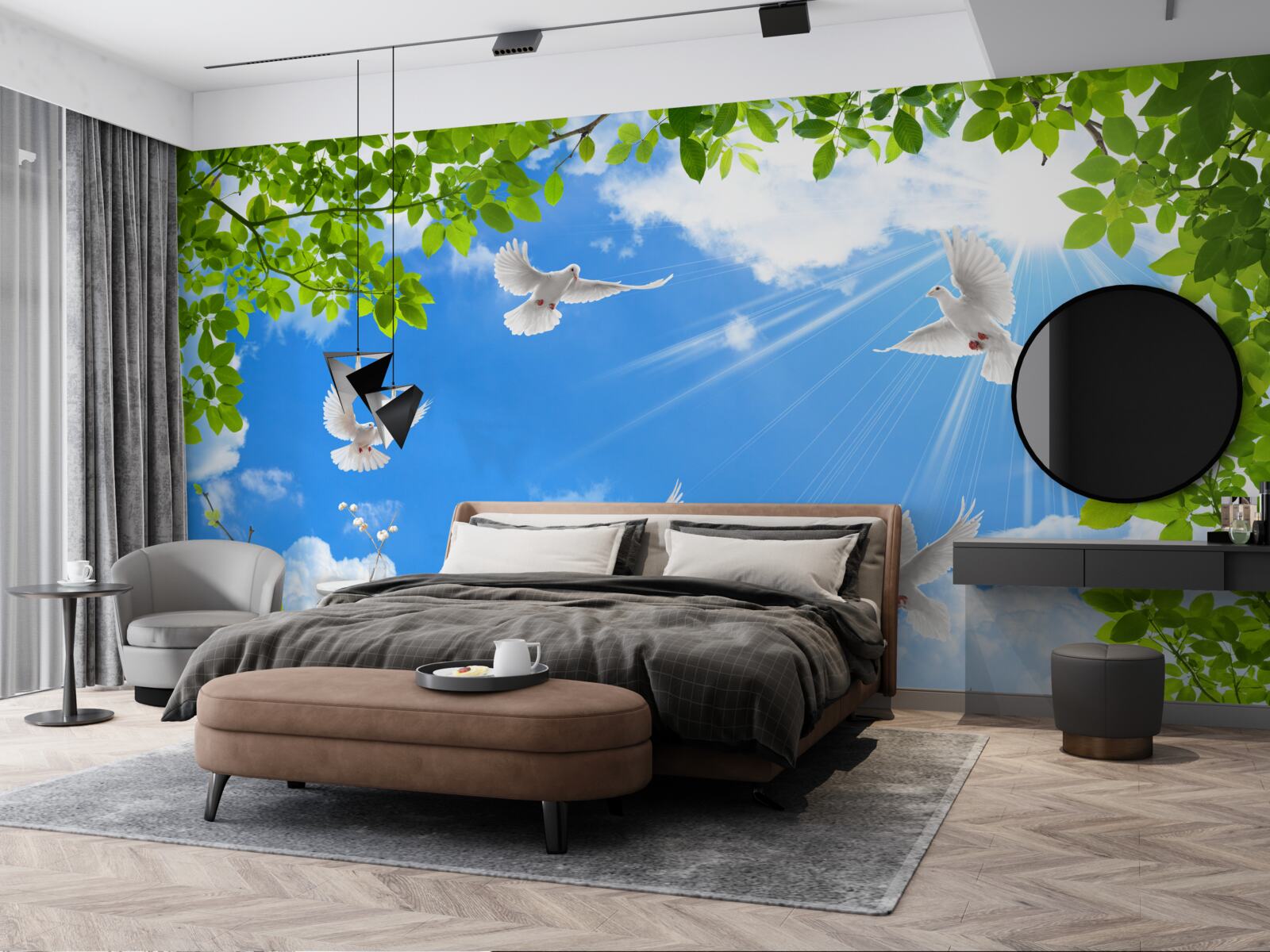 Papier peint des pigeons au cadre vert planent dans le ciel bleu