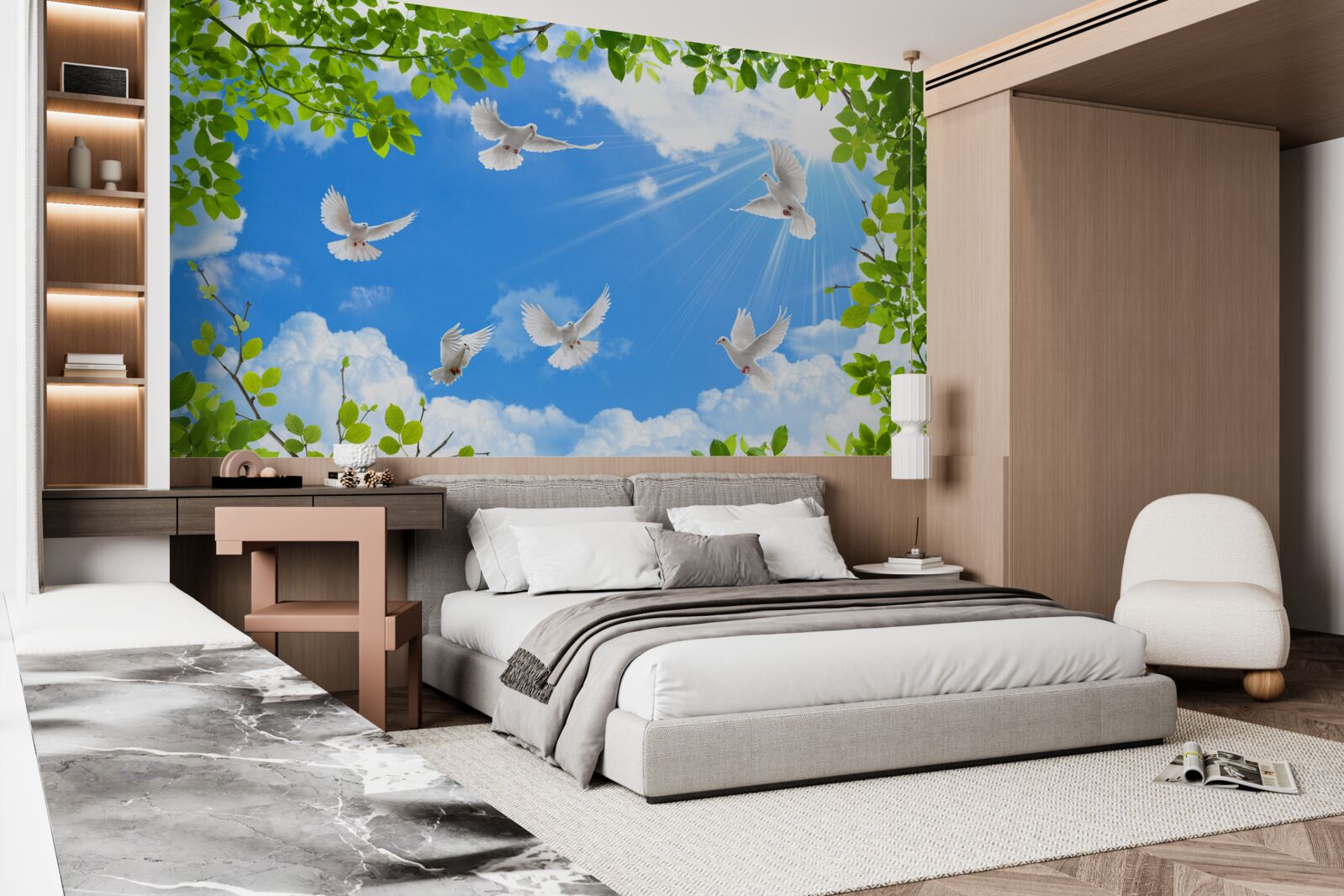 Papier peint des pigeons au cadre vert planent dans le ciel bleu