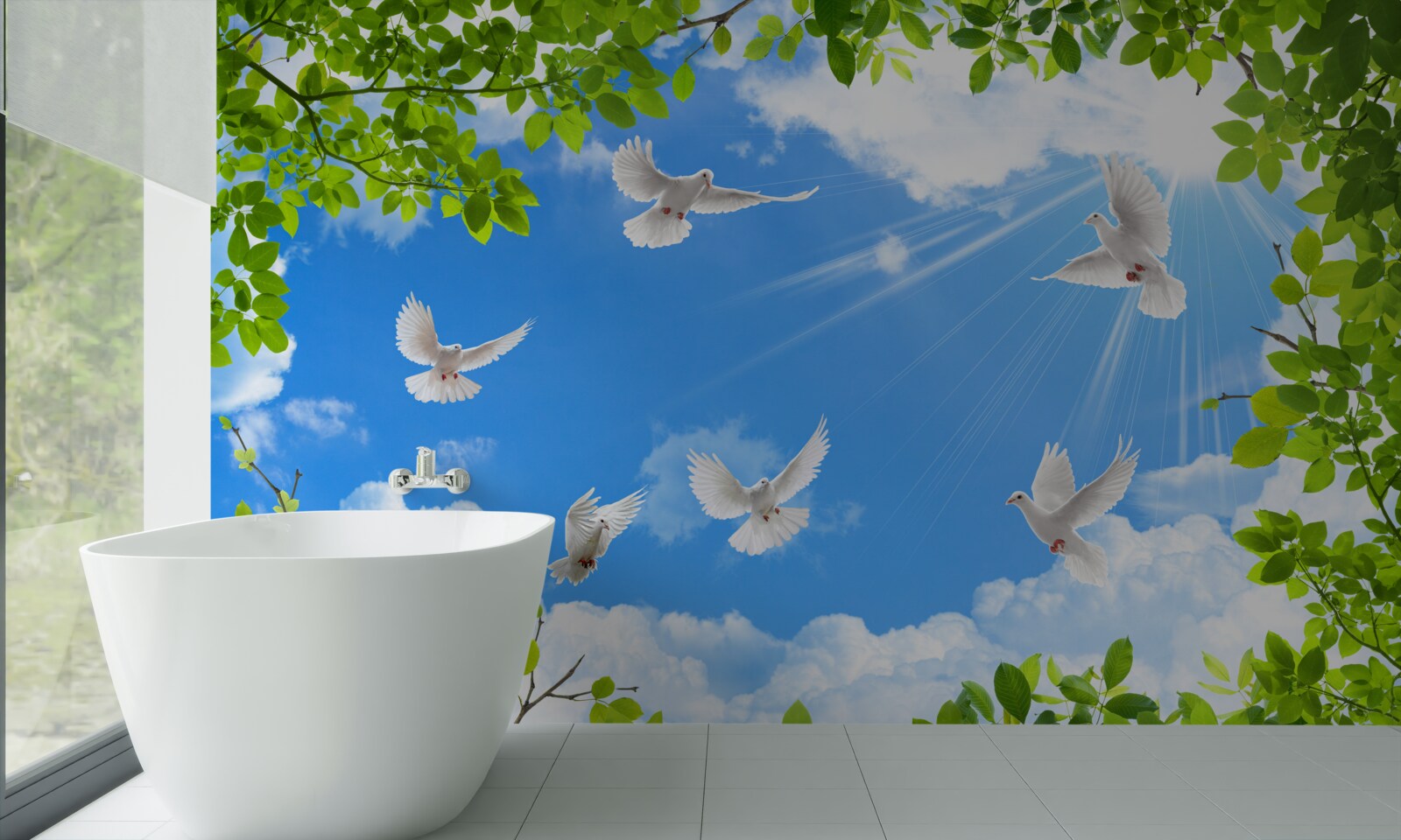 Papier peint des pigeons au cadre vert planent dans le ciel bleu