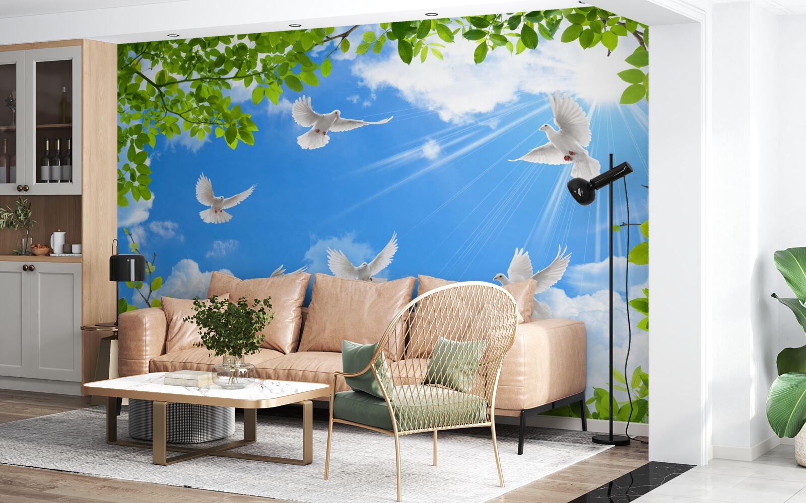 Papier peint des pigeons au cadre vert planent dans le ciel bleu