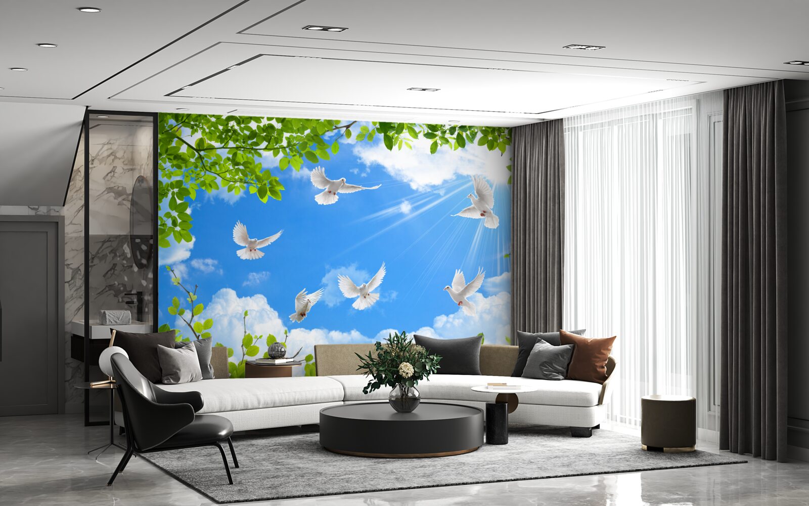 Papier peint des pigeons au cadre vert planent dans le ciel bleu