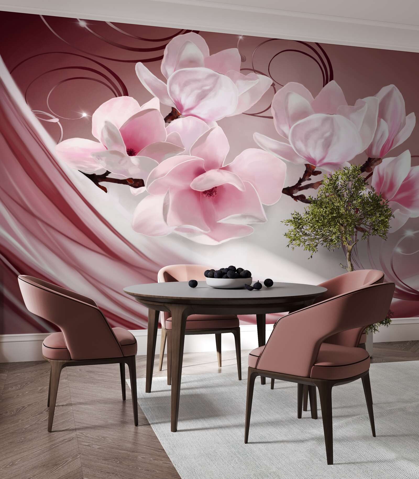 Papier peint grandes fleurs roses sur fond rose