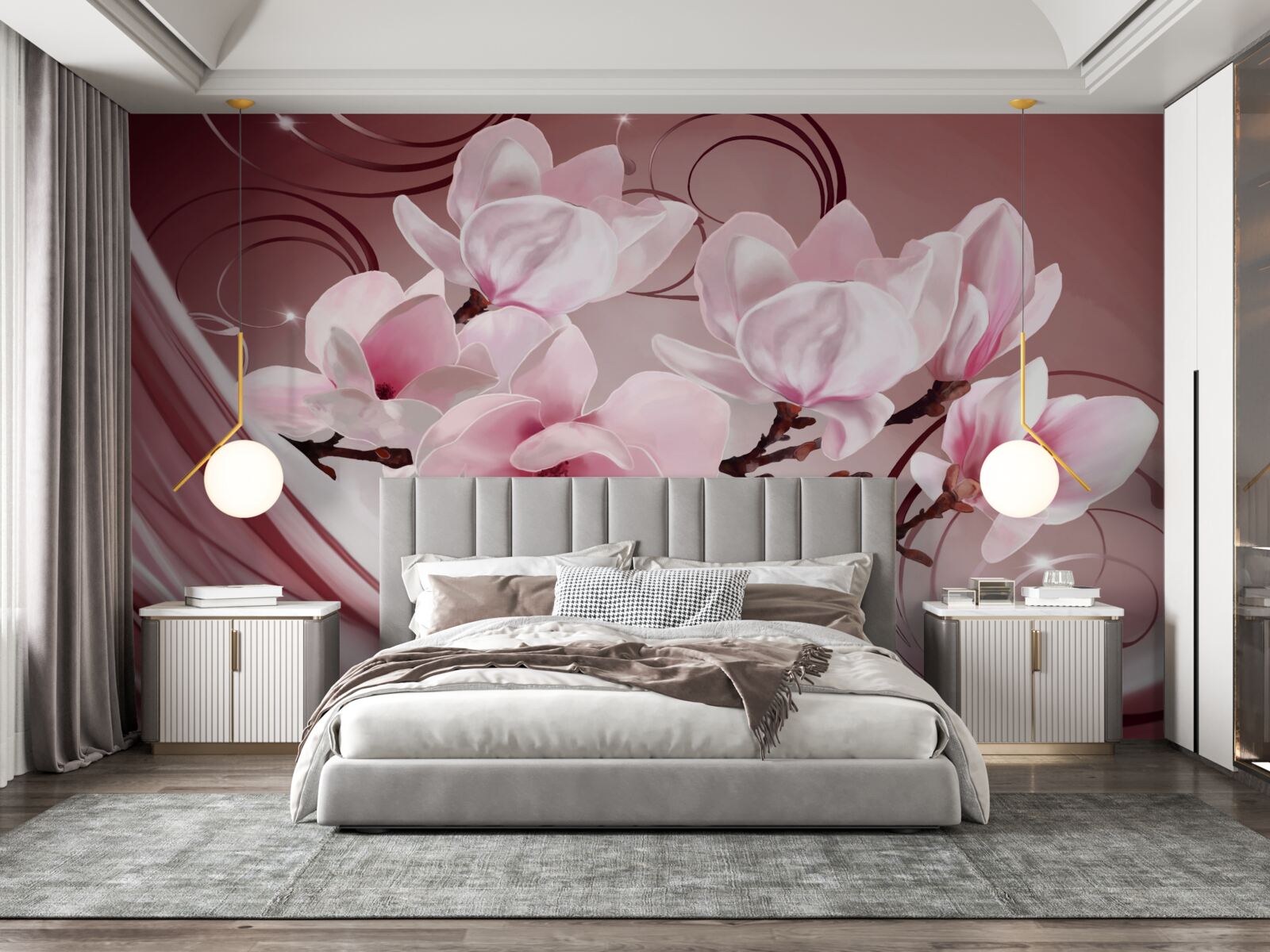 Papier peint grandes fleurs roses sur fond rose