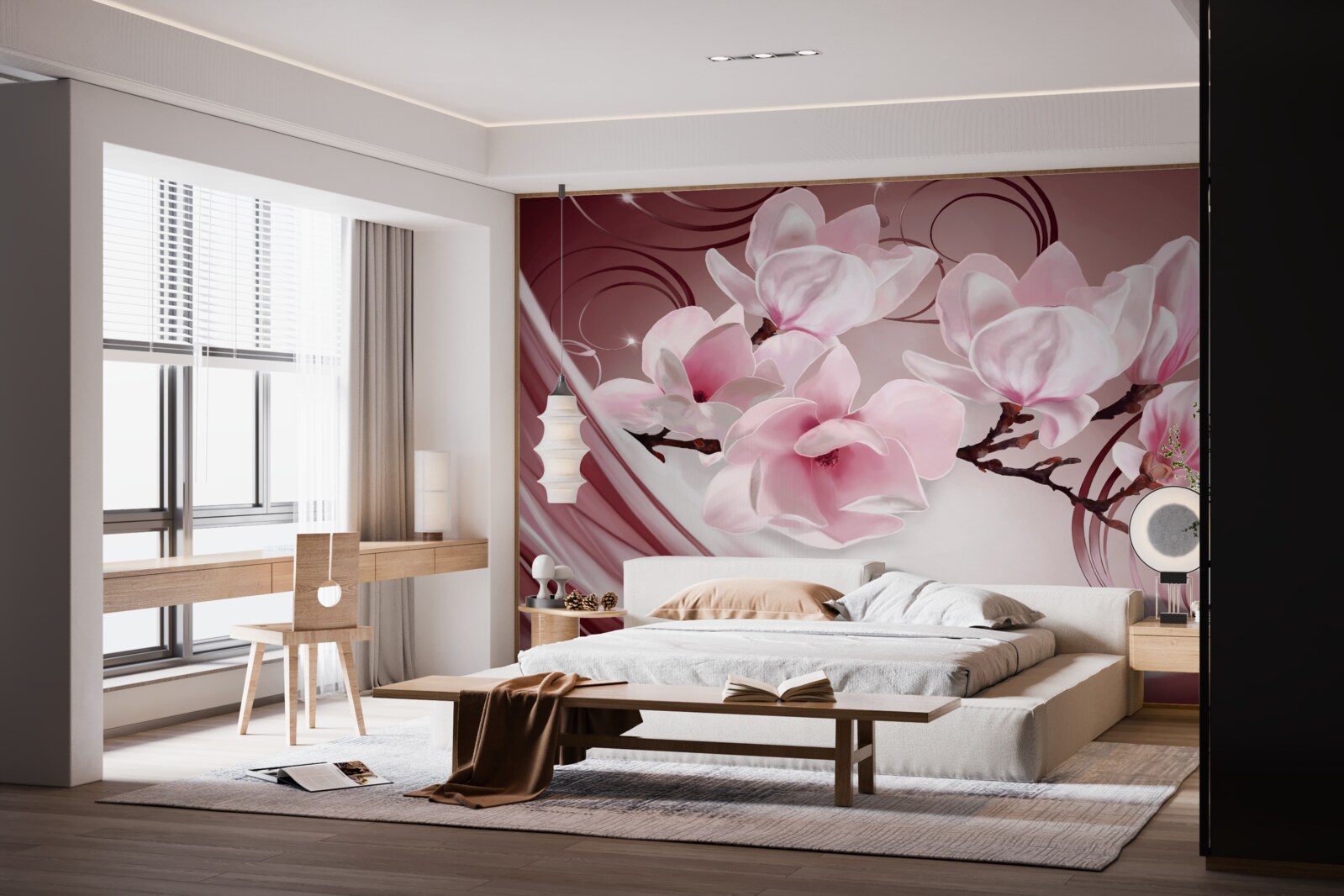 Papier peint grandes fleurs roses sur fond rose