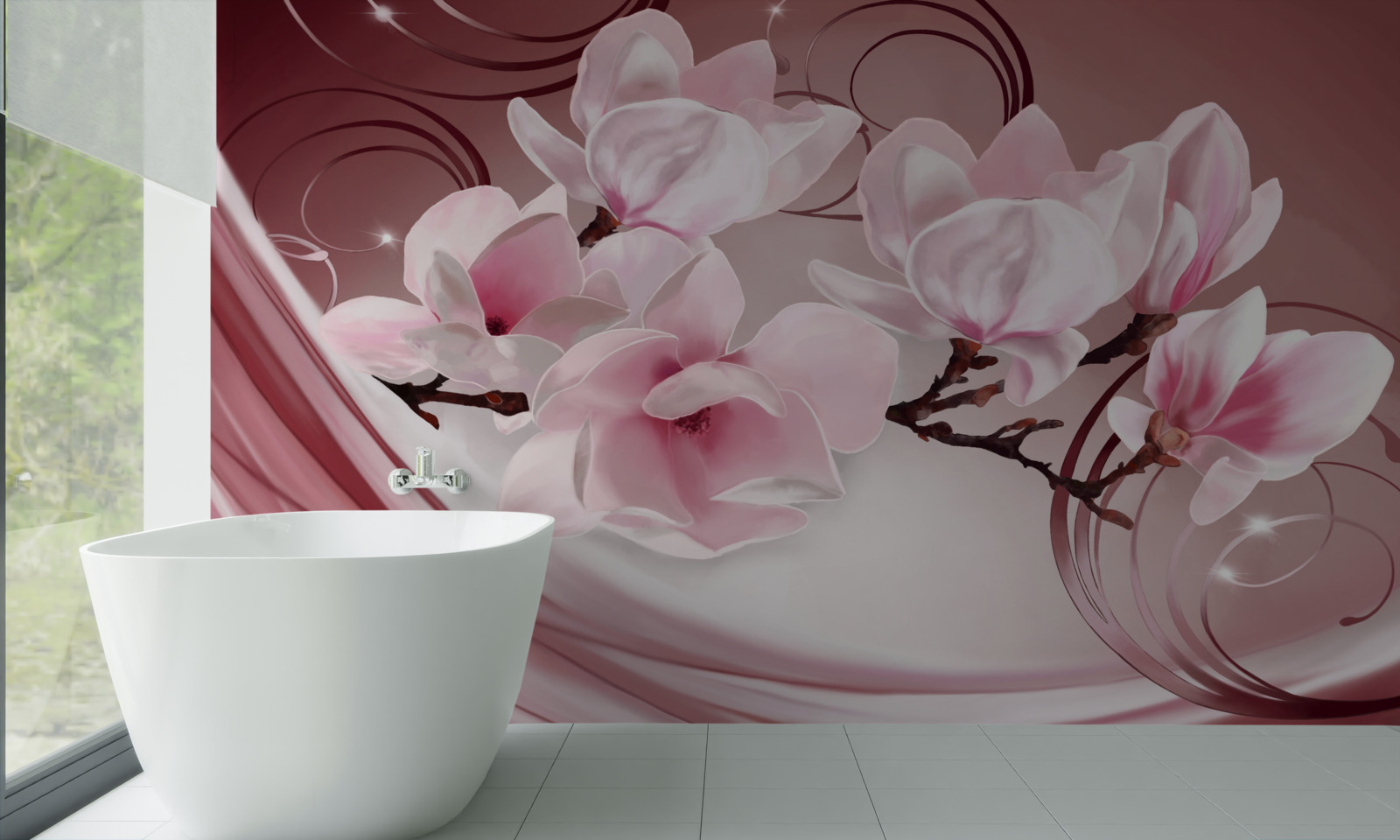 Papier peint grandes fleurs roses sur fond rose