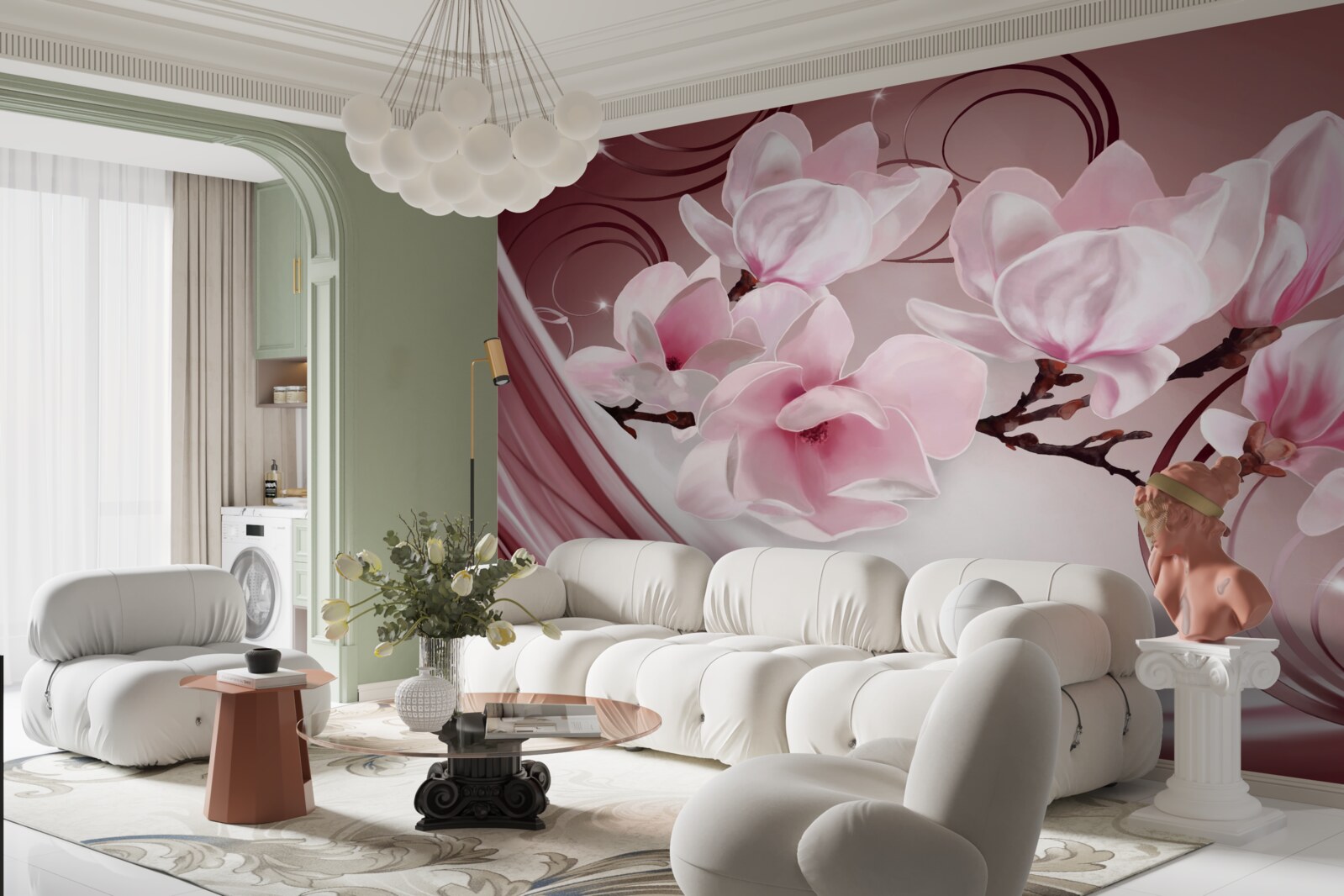 Papier peint grandes fleurs roses sur fond rose