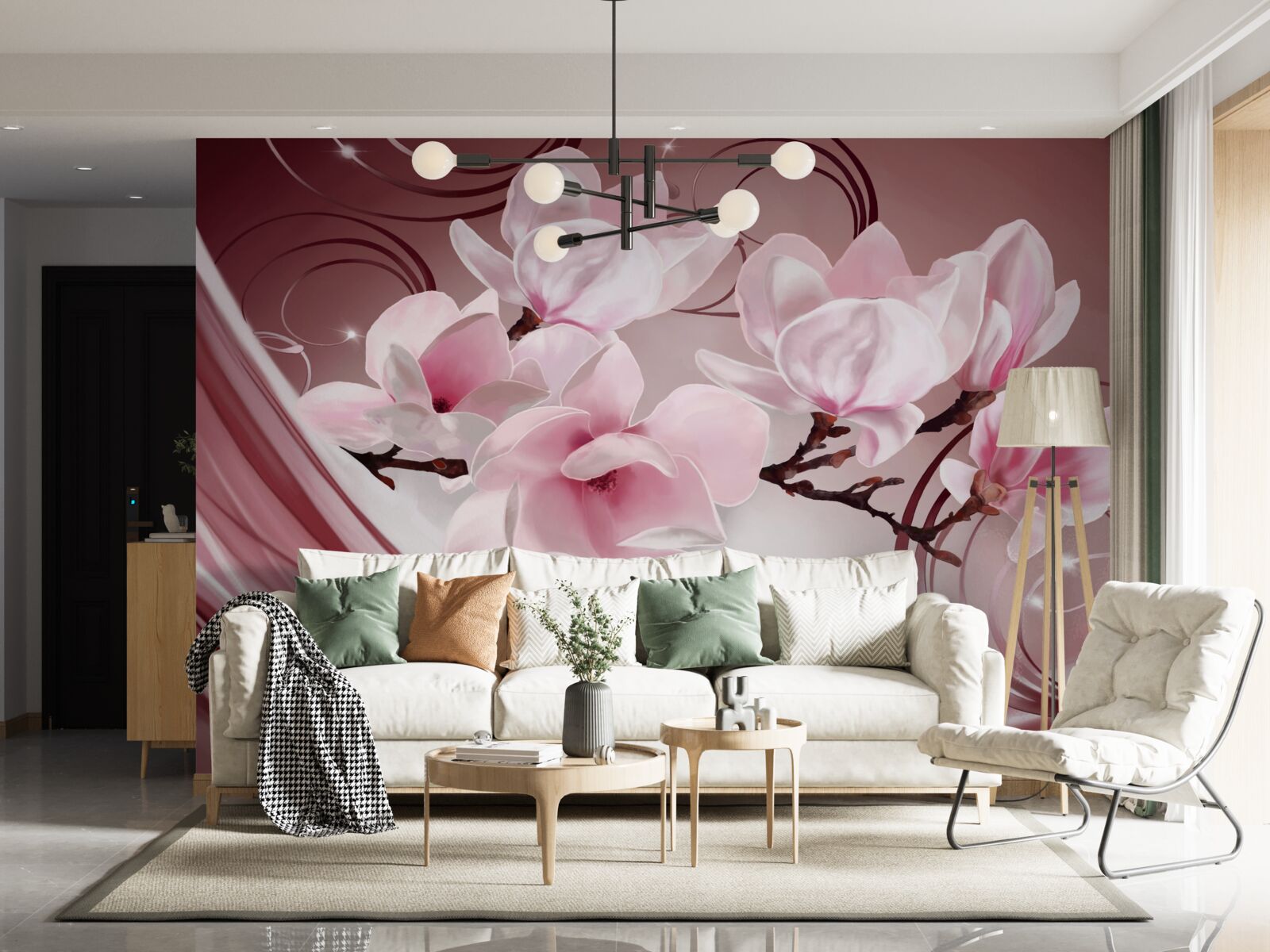 Papier peint grandes fleurs roses sur fond rose