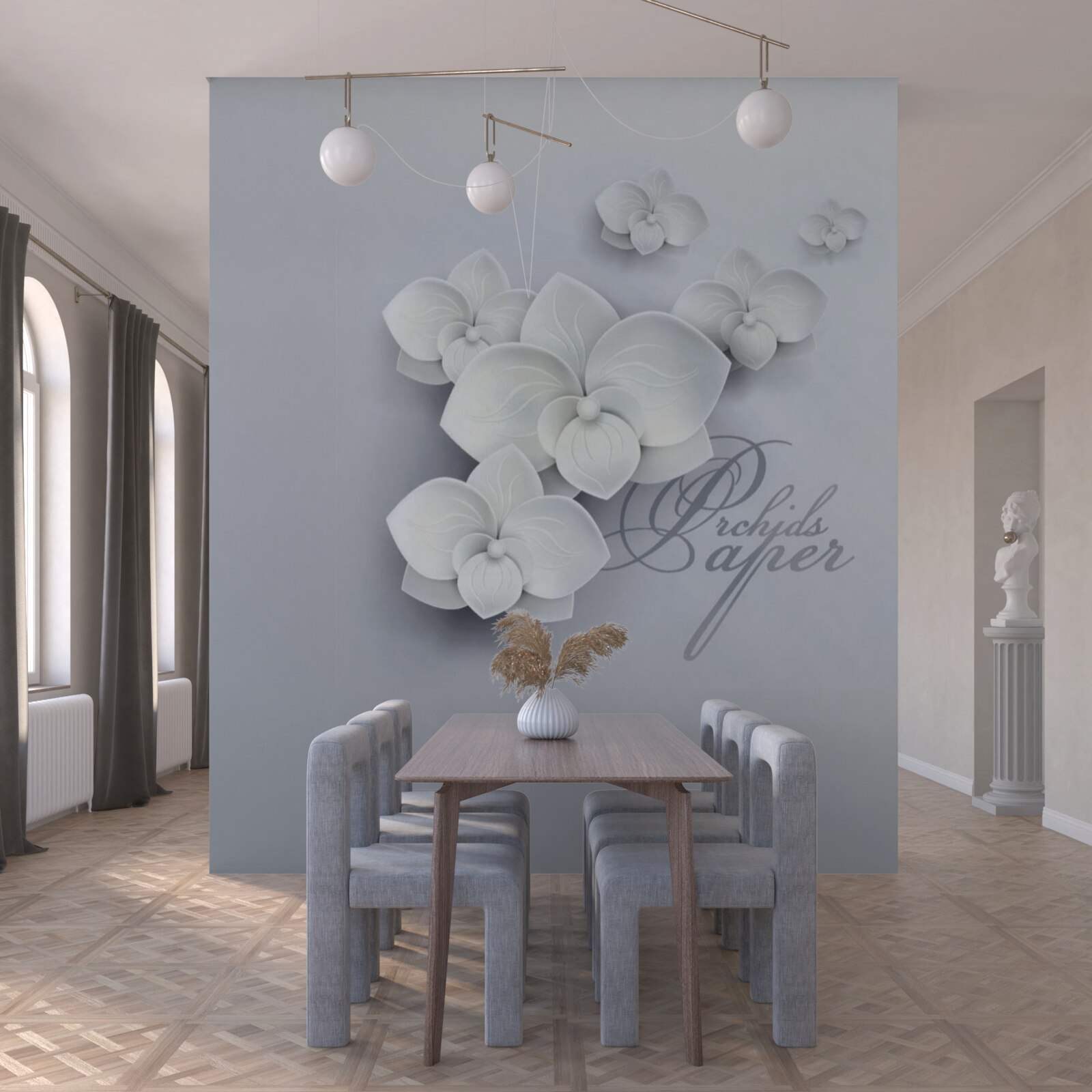 Papier peint fond gris décoré d'orchidées blanches