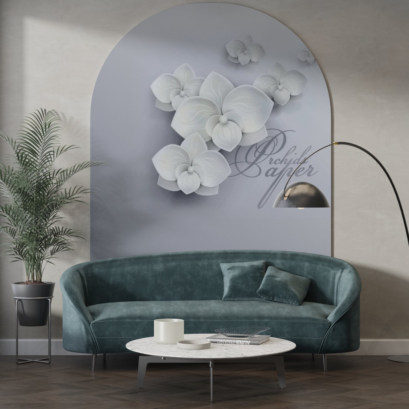 Papier peint fond gris décoré d'orchidées blanches