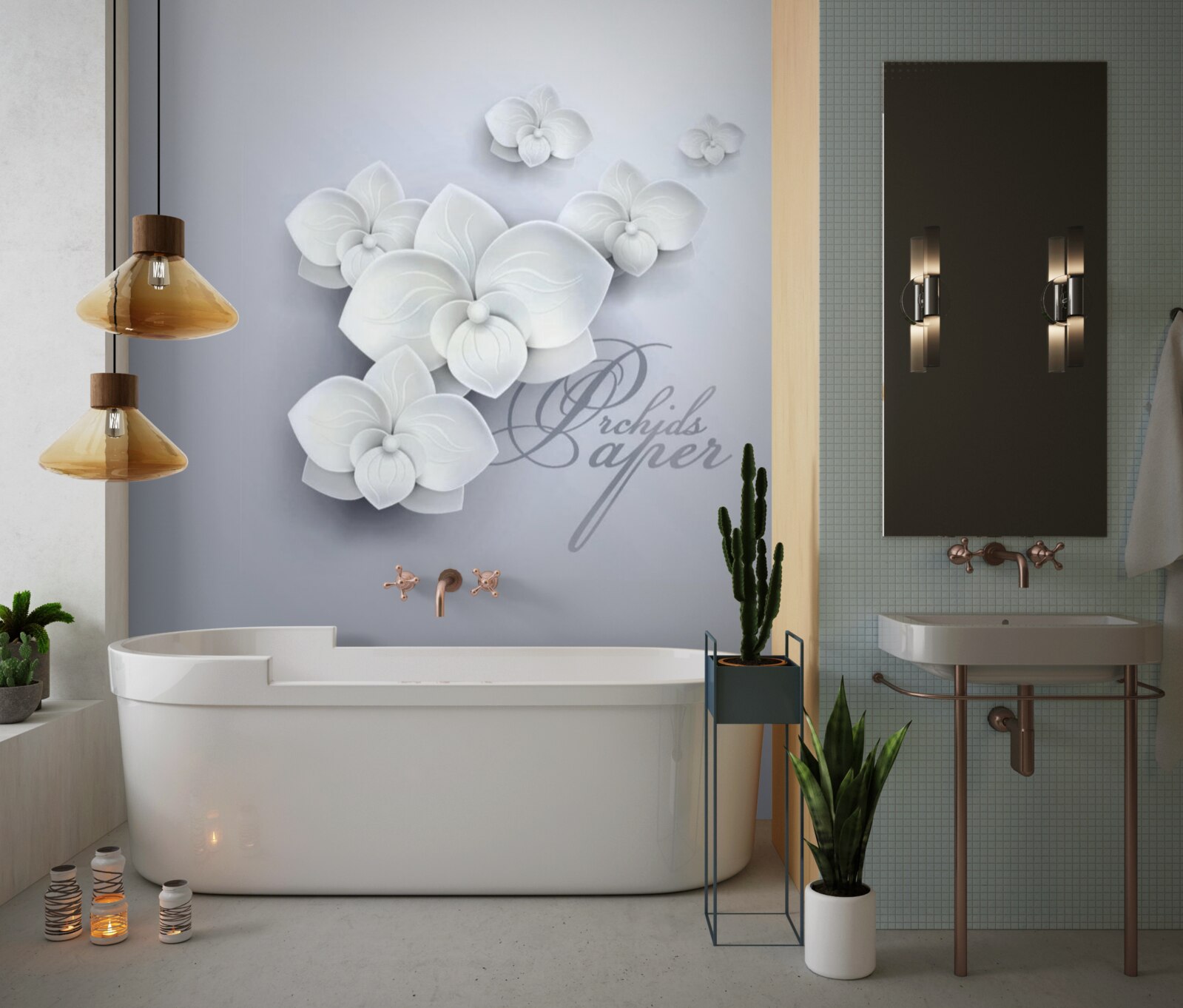 Papier peint fond gris décoré d'orchidées blanches