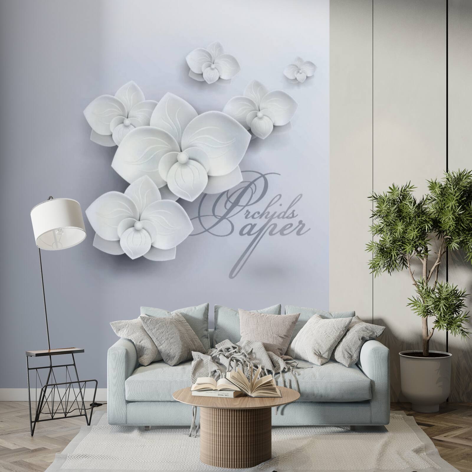 Papier peint fond gris décoré d'orchidées blanches