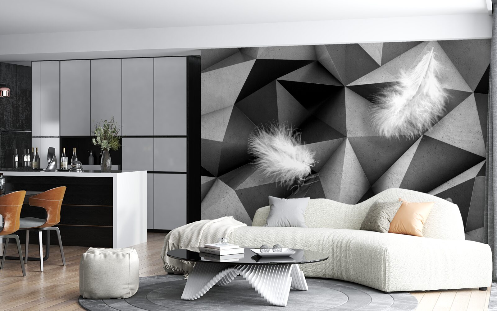 Papier peint plumes blanches et style cubiste