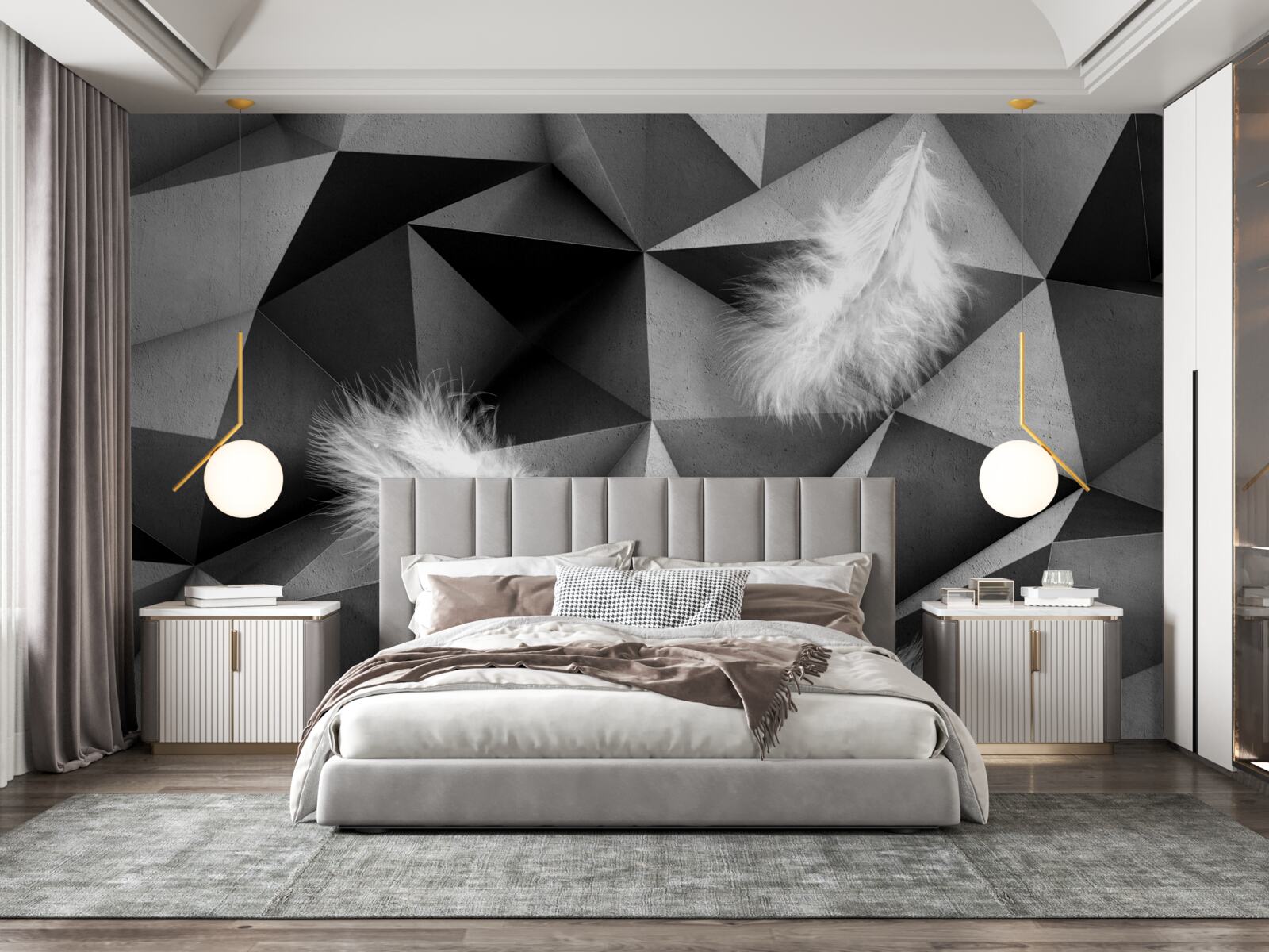 Papier peint plumes blanches et style cubiste