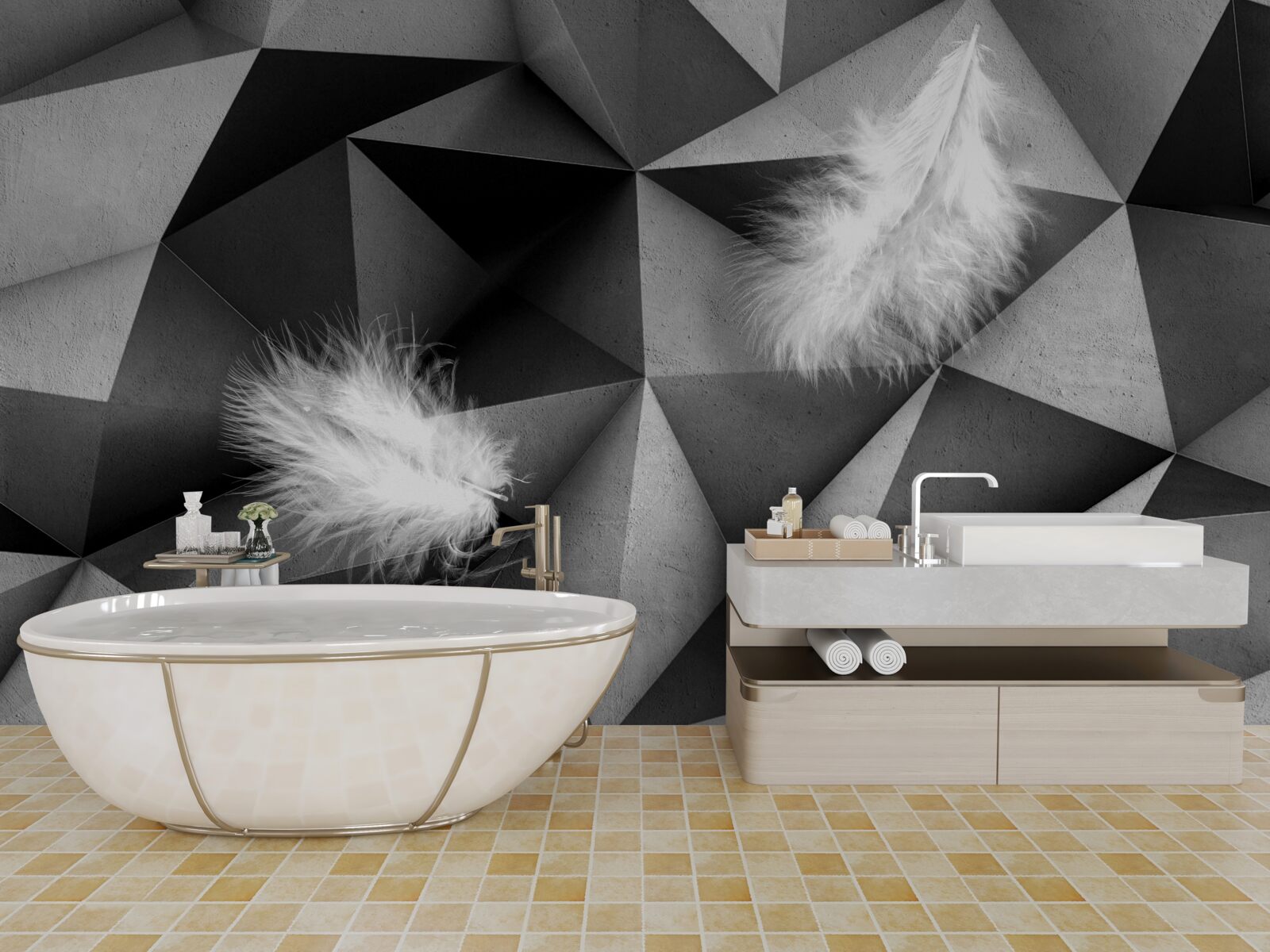 Papier peint plumes blanches et style cubiste