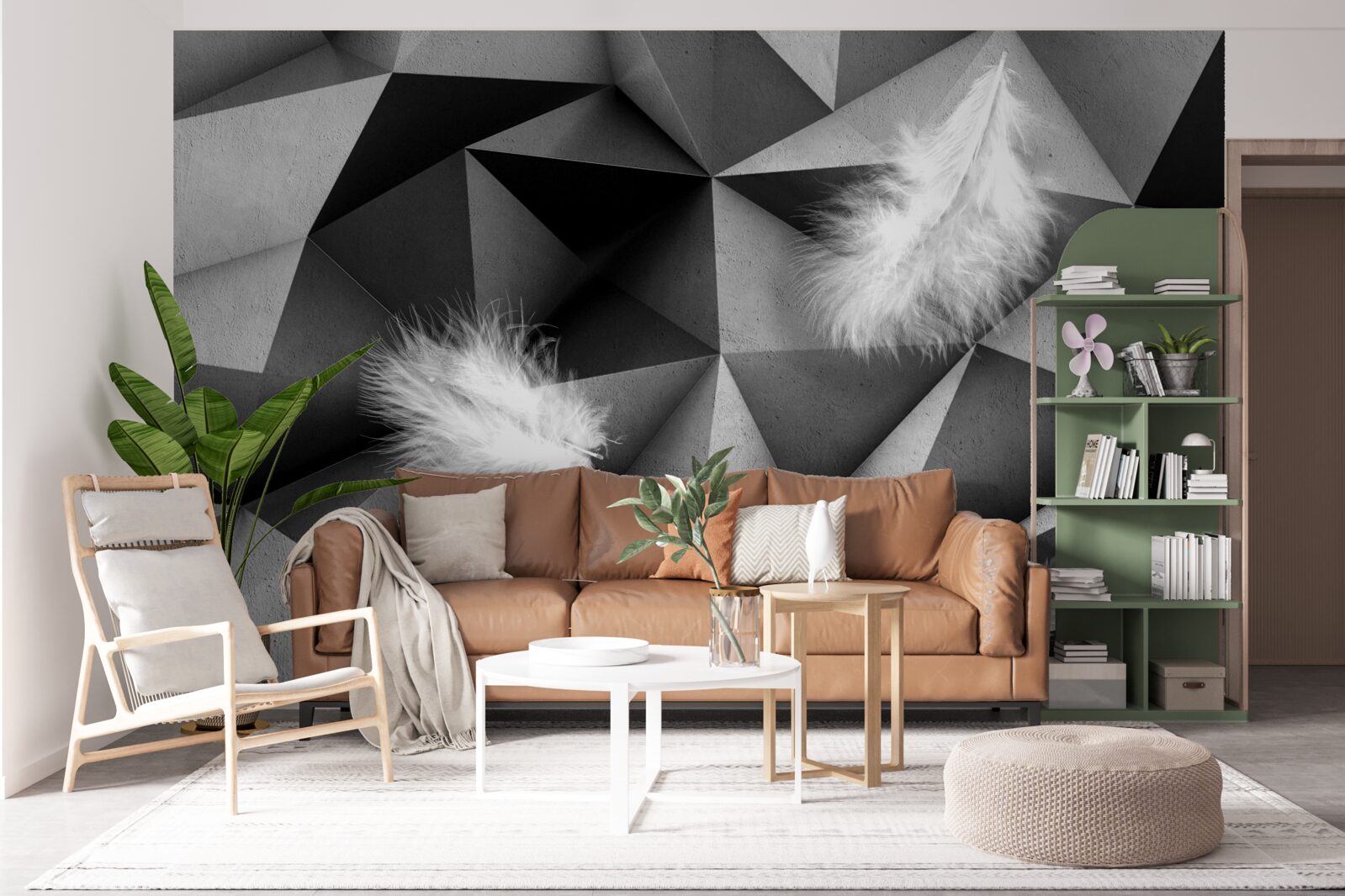 Papier peint plumes blanches et style cubiste