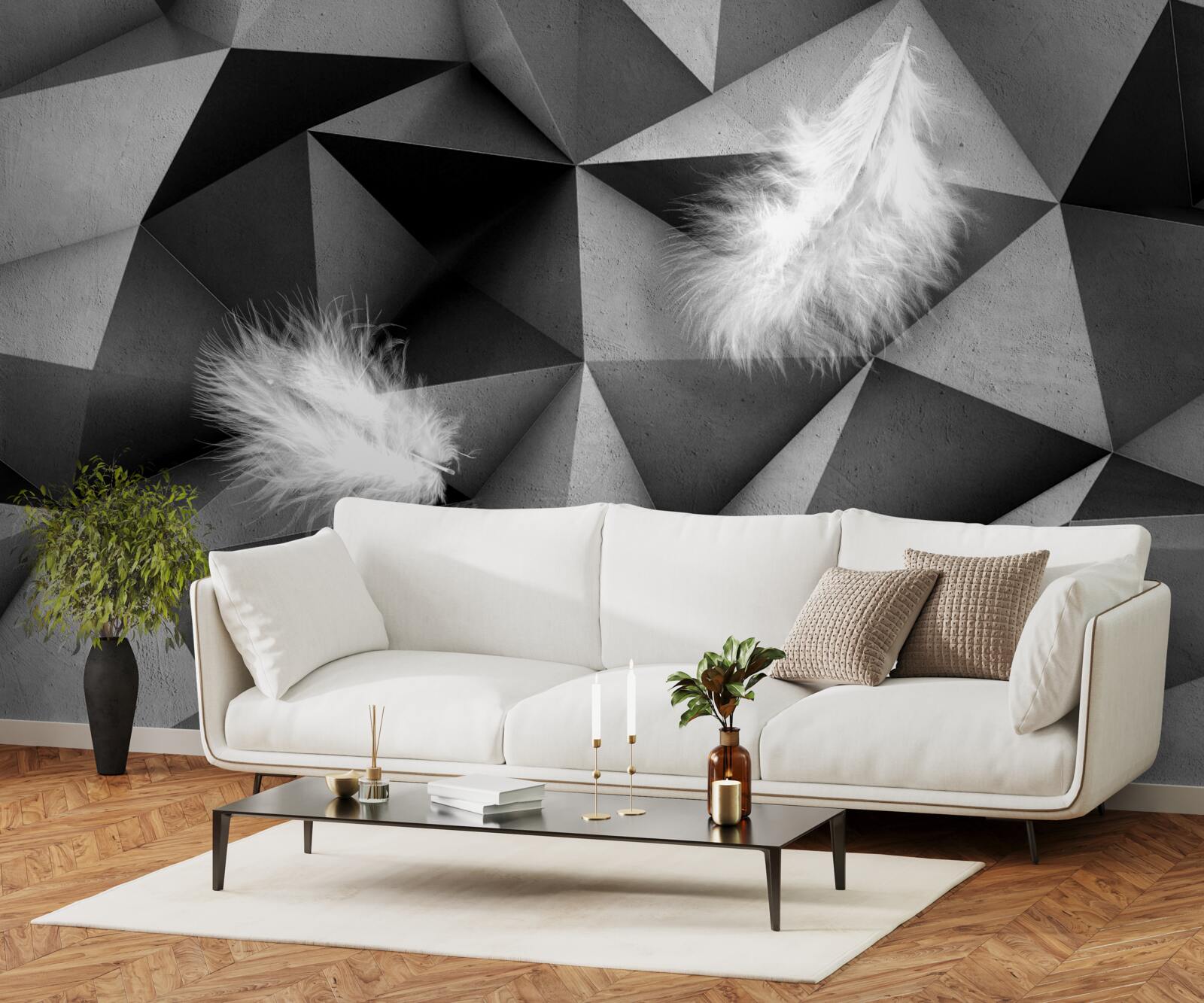 Papier peint plumes blanches et style cubiste