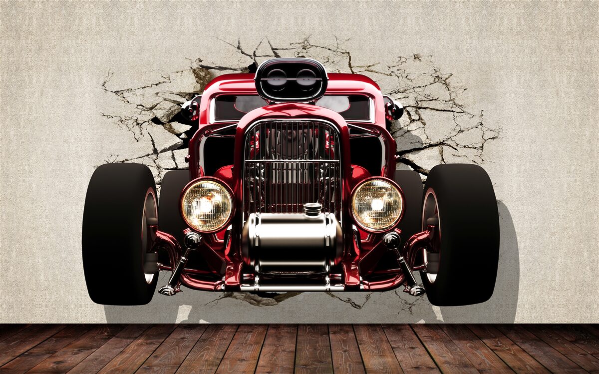 Papier peint une voiture rouge sort du mur