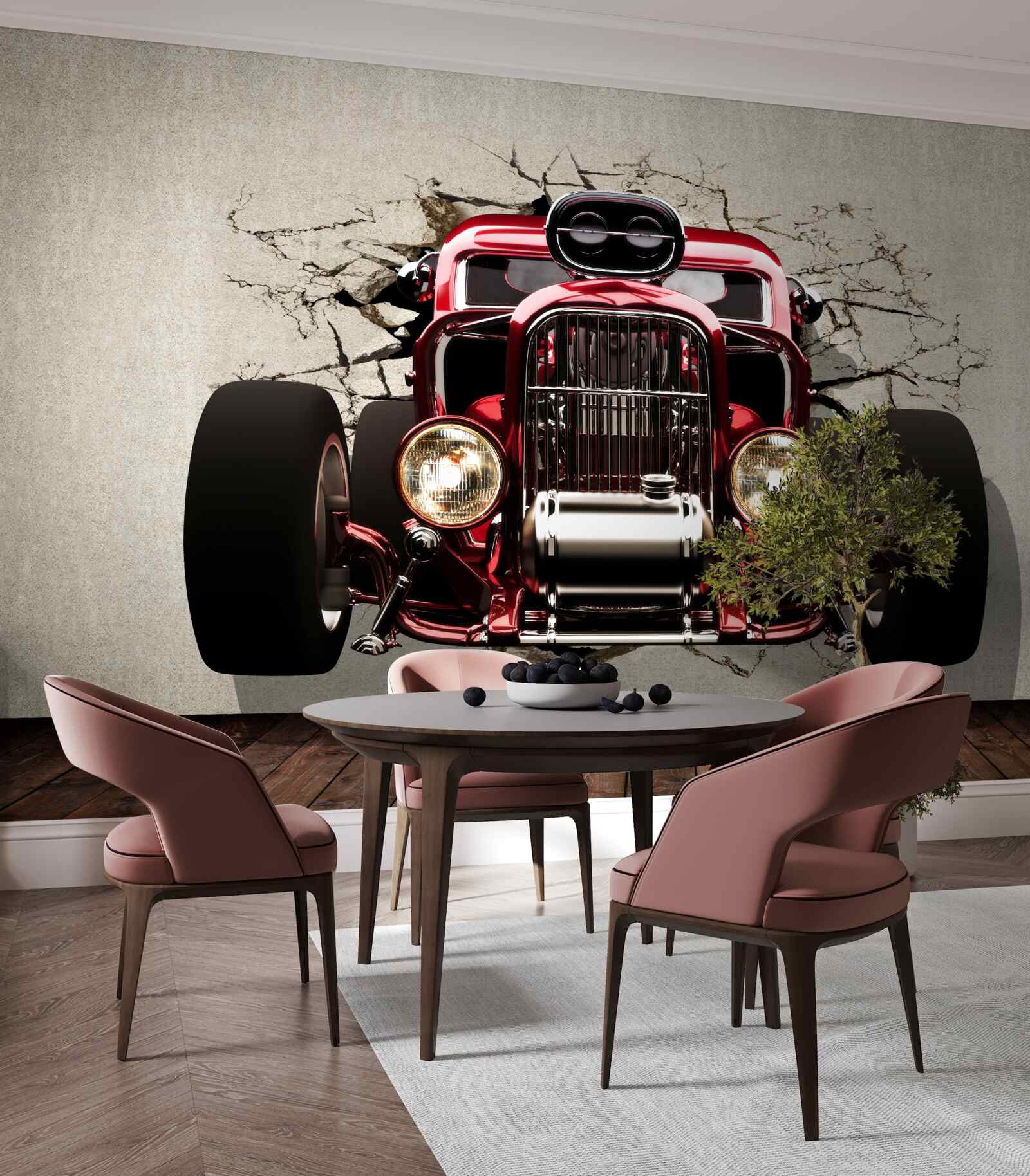 Papier peint une voiture rouge sort du mur