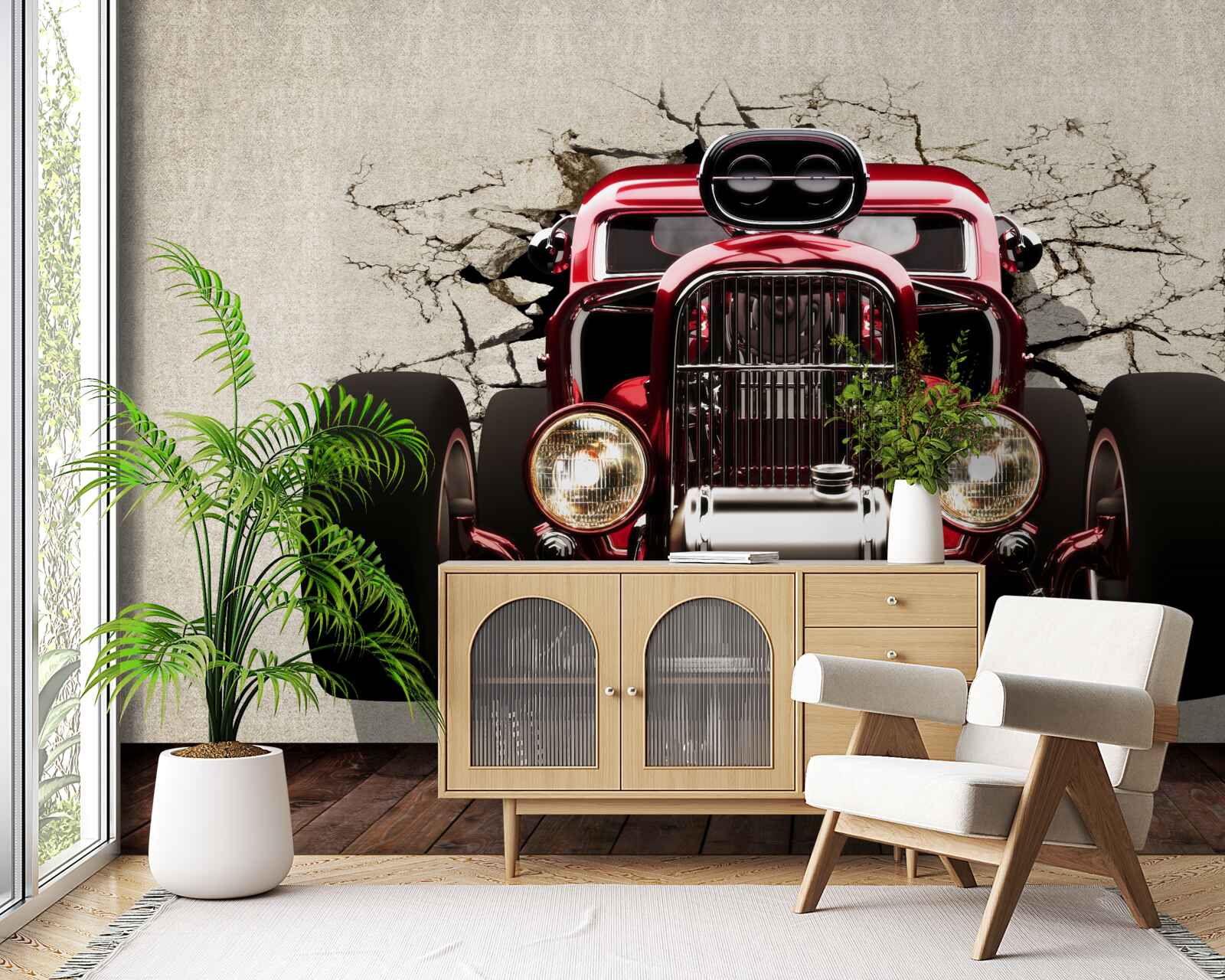 Papier peint une voiture rouge sort du mur