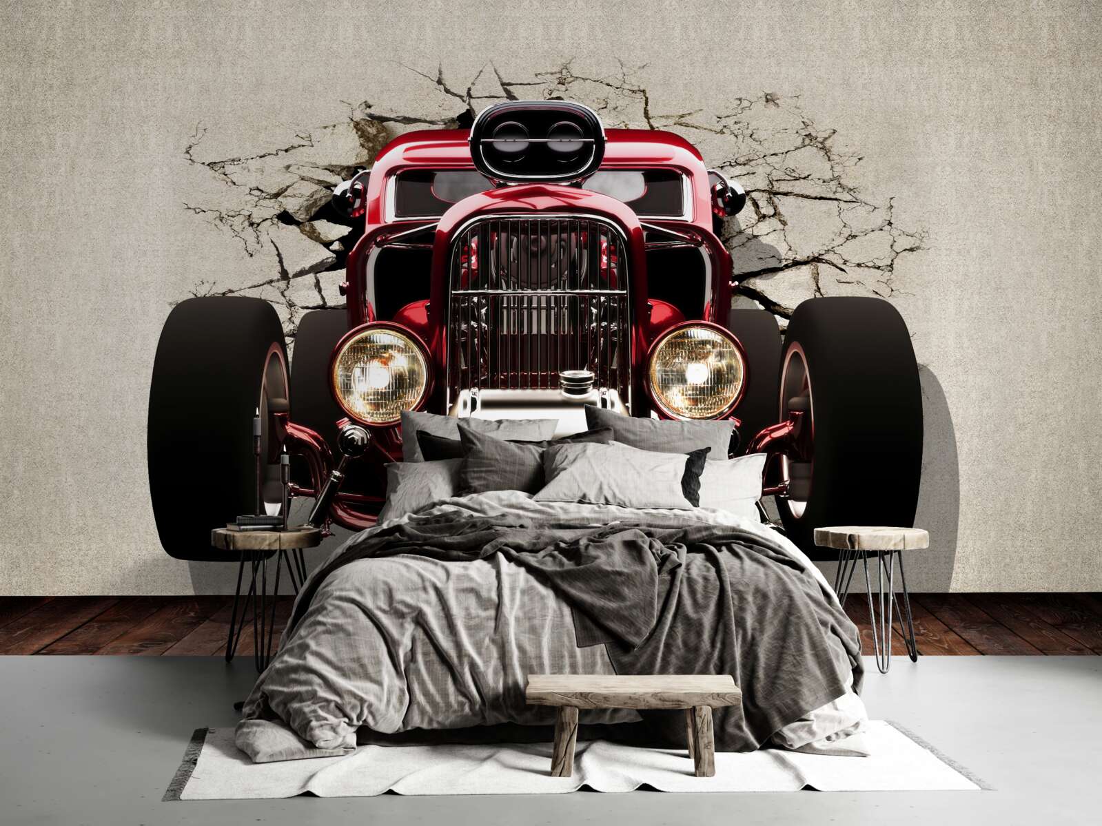 Papier peint une voiture rouge sort du mur