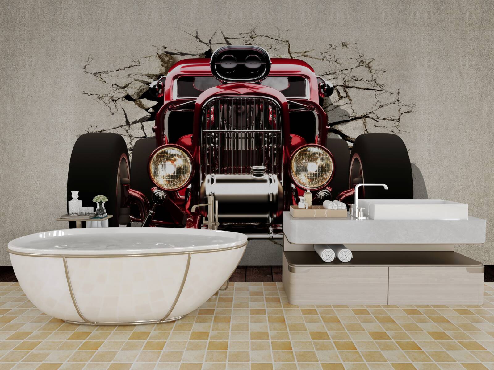Papier peint une voiture rouge sort du mur