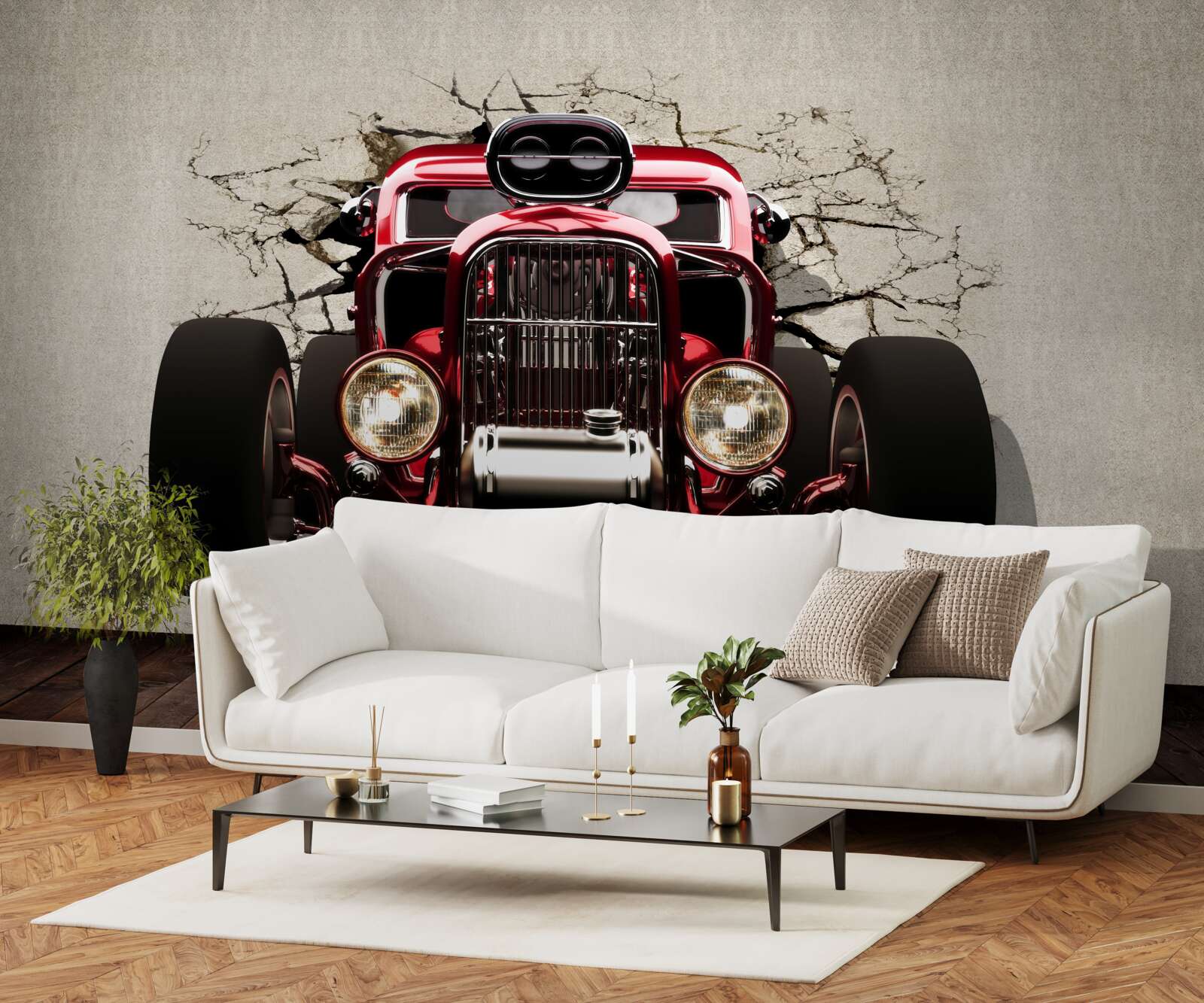 Papier peint une voiture rouge sort du mur